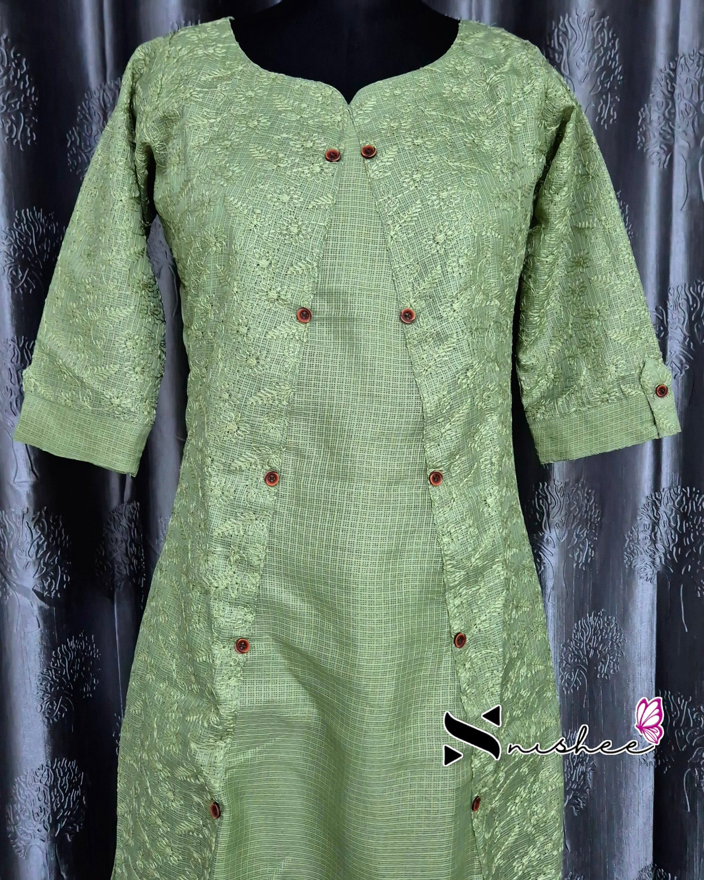 Chikankari Embroidered Green Kurti