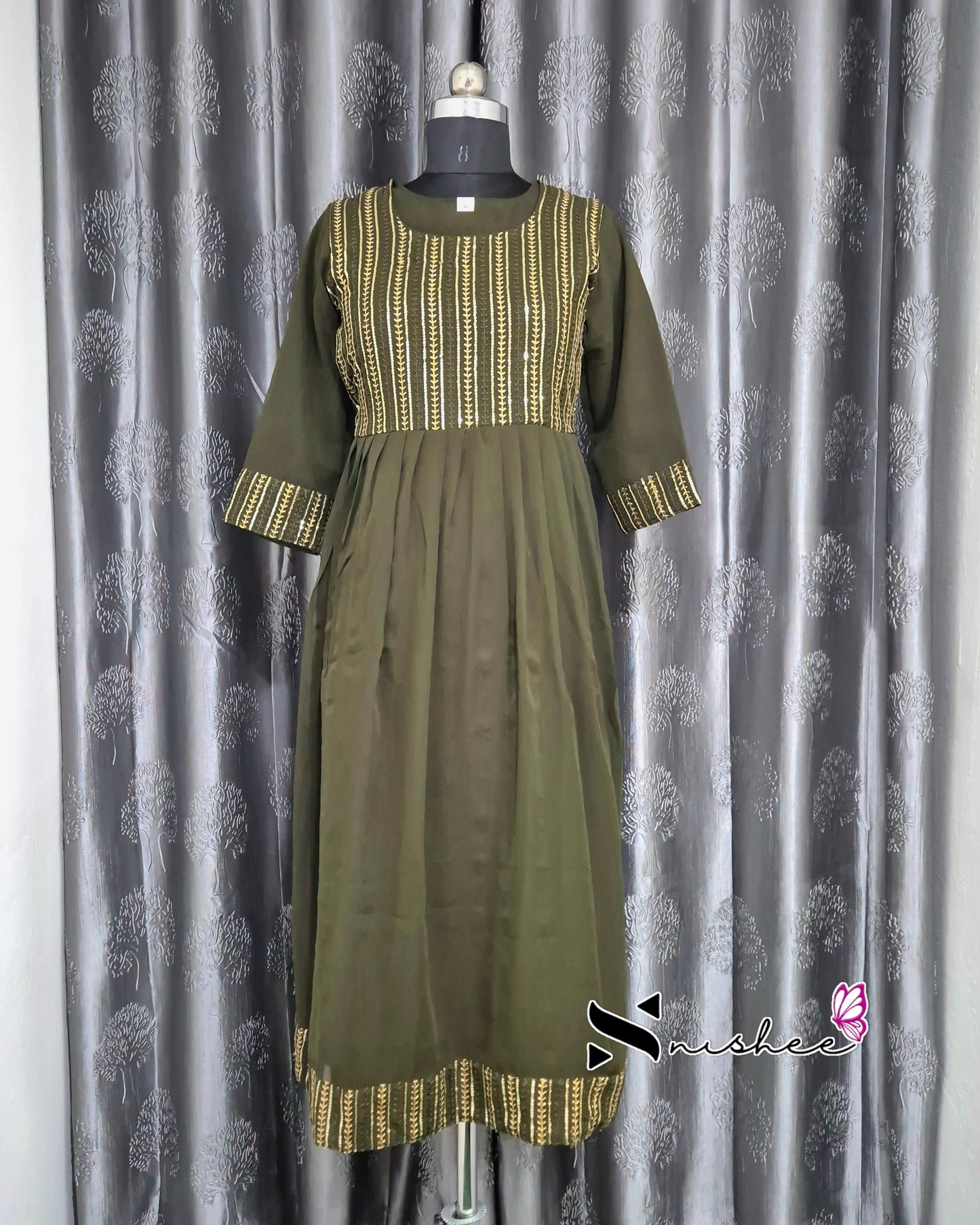 Sequence Embroidered Olive Green Flare Dress