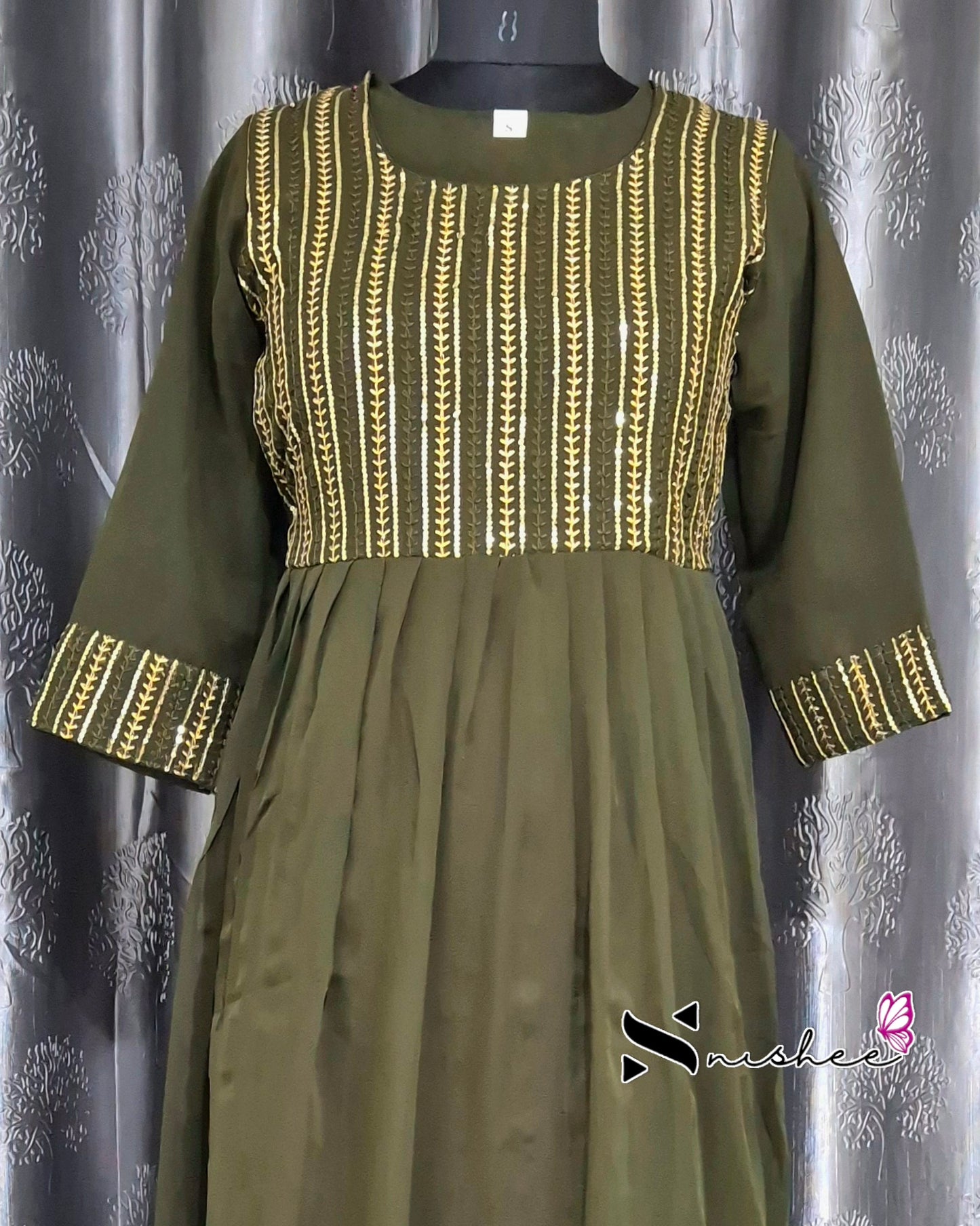 Sequence Embroidered Olive Green Flare Dress