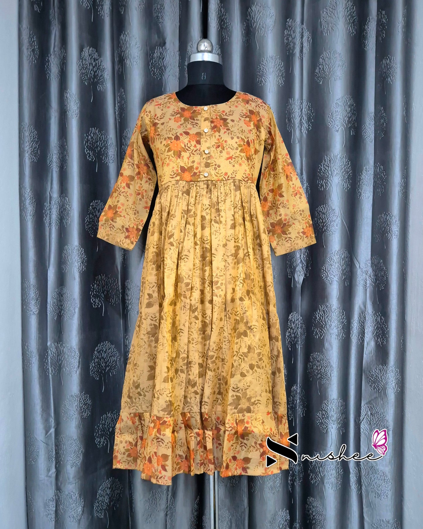 Digital Floral Printed Gold Frock