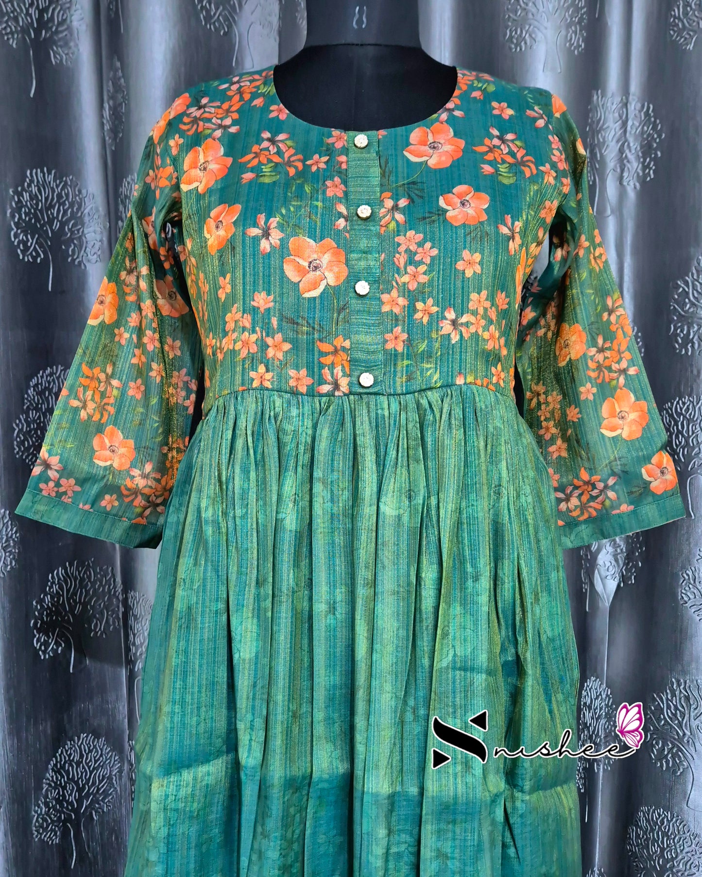 Digital Floral Printed Green Frock