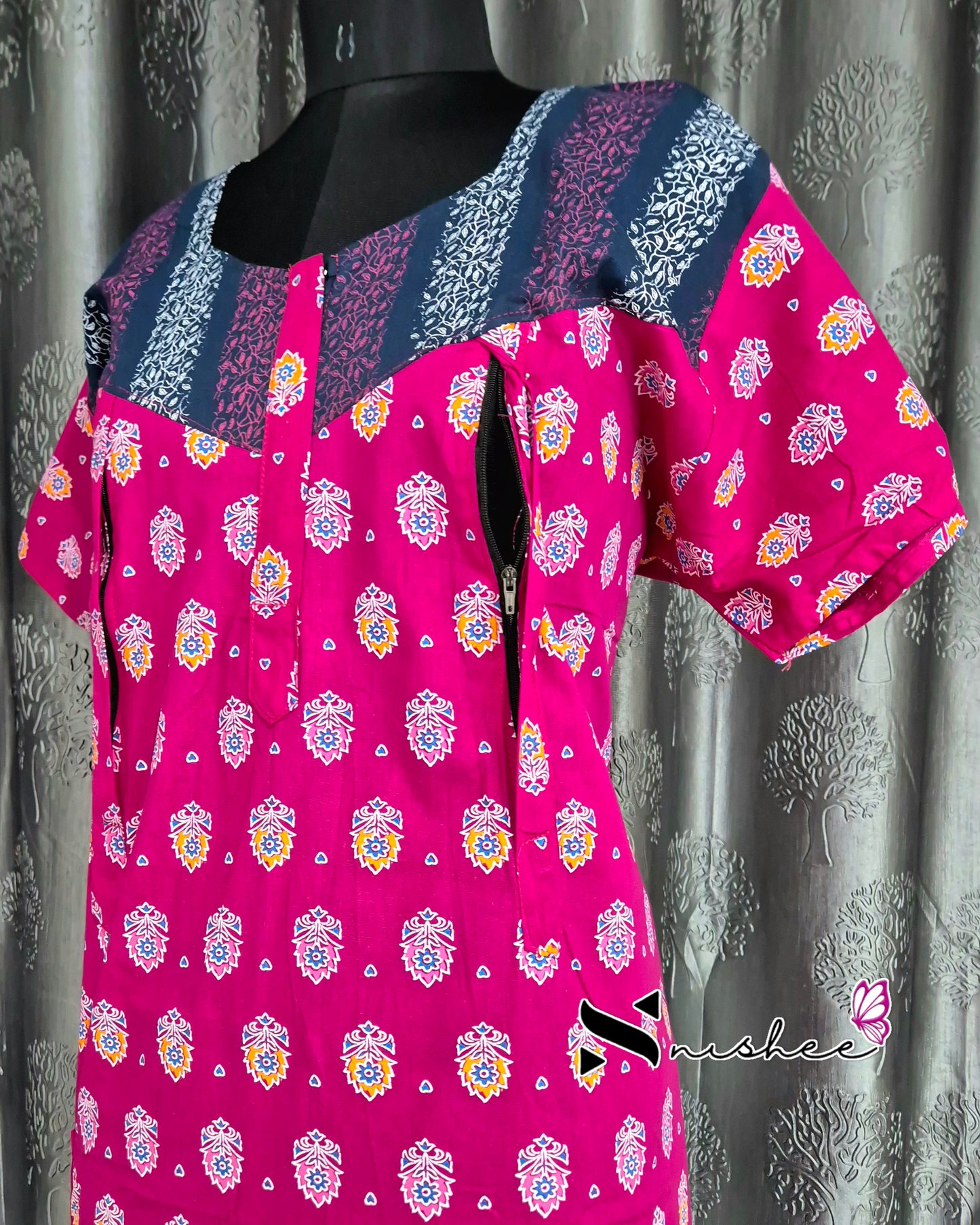 Pink/ Blue Motif Cotton Feeding Nighty