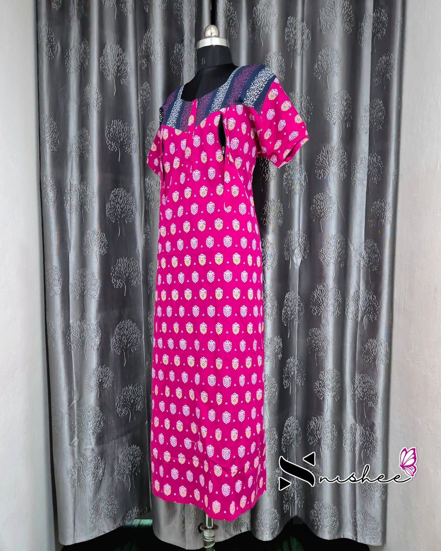 Pink/ Blue Motif Cotton Feeding Nighty