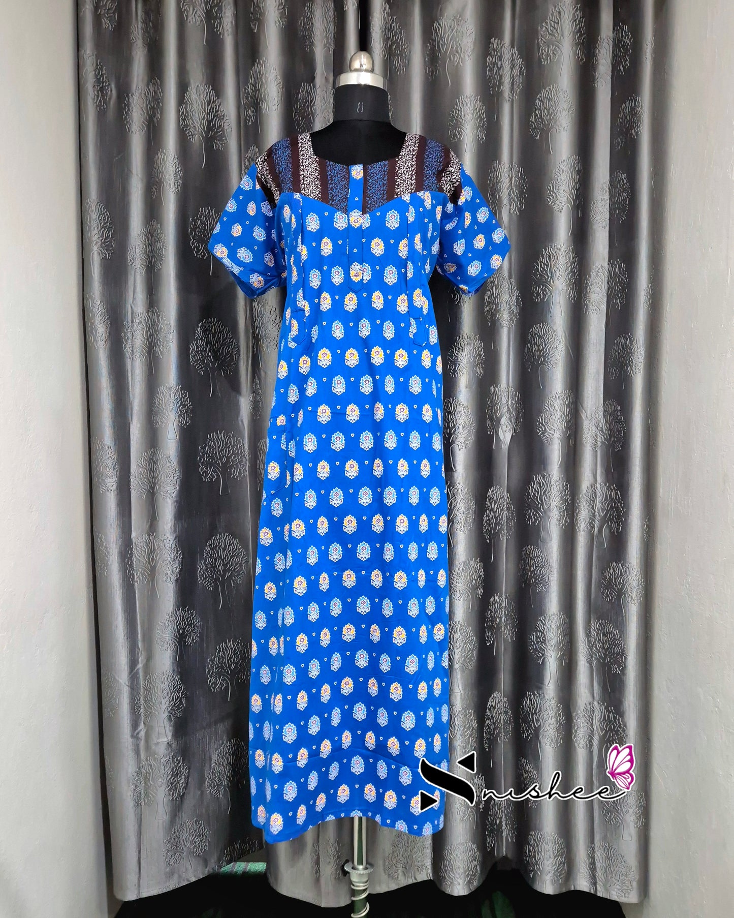 Blue/ Brown Motif Cotton Feeding Nighty