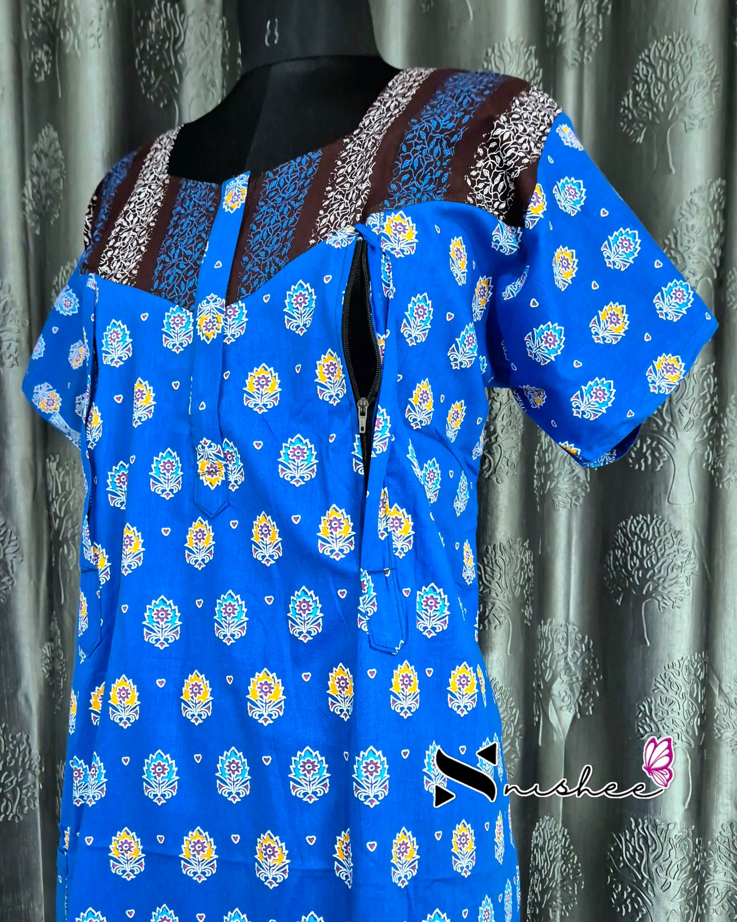 Blue/ Brown Motif Cotton Feeding Nighty