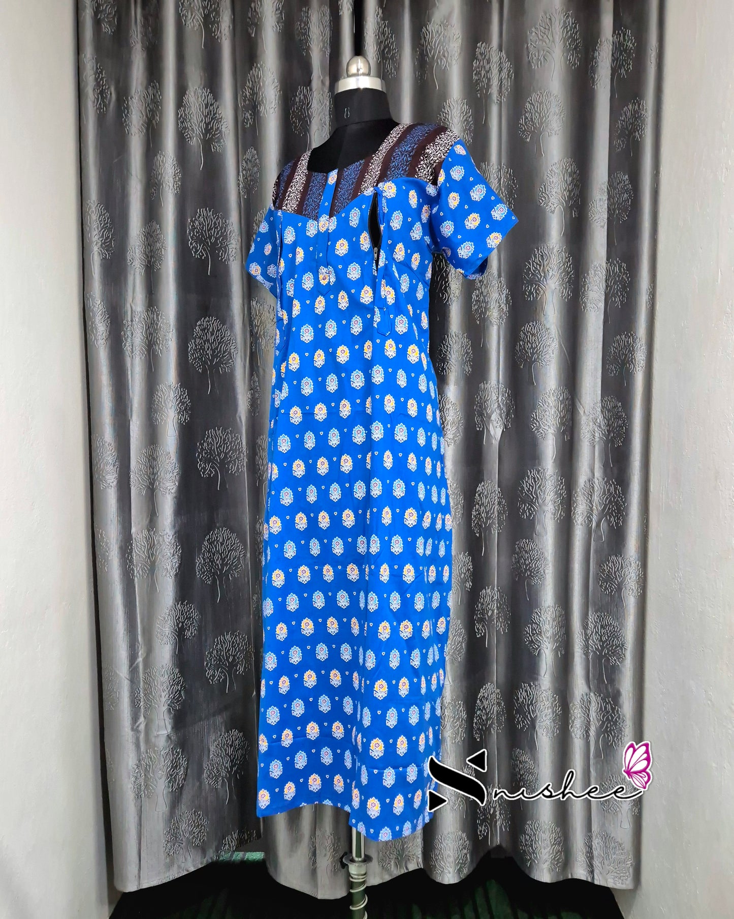 Blue/ Brown Motif Cotton Feeding Nighty