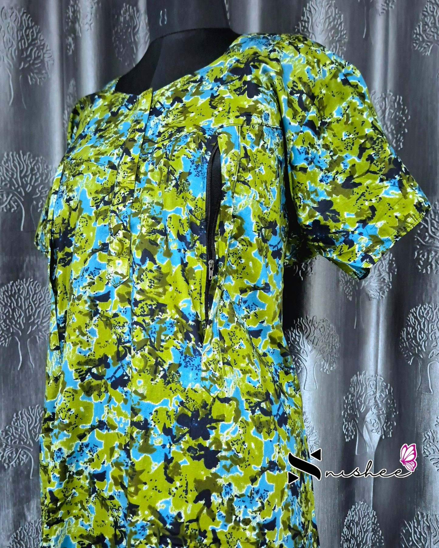 Abstract Printed Green Cotton Feeding Nighty