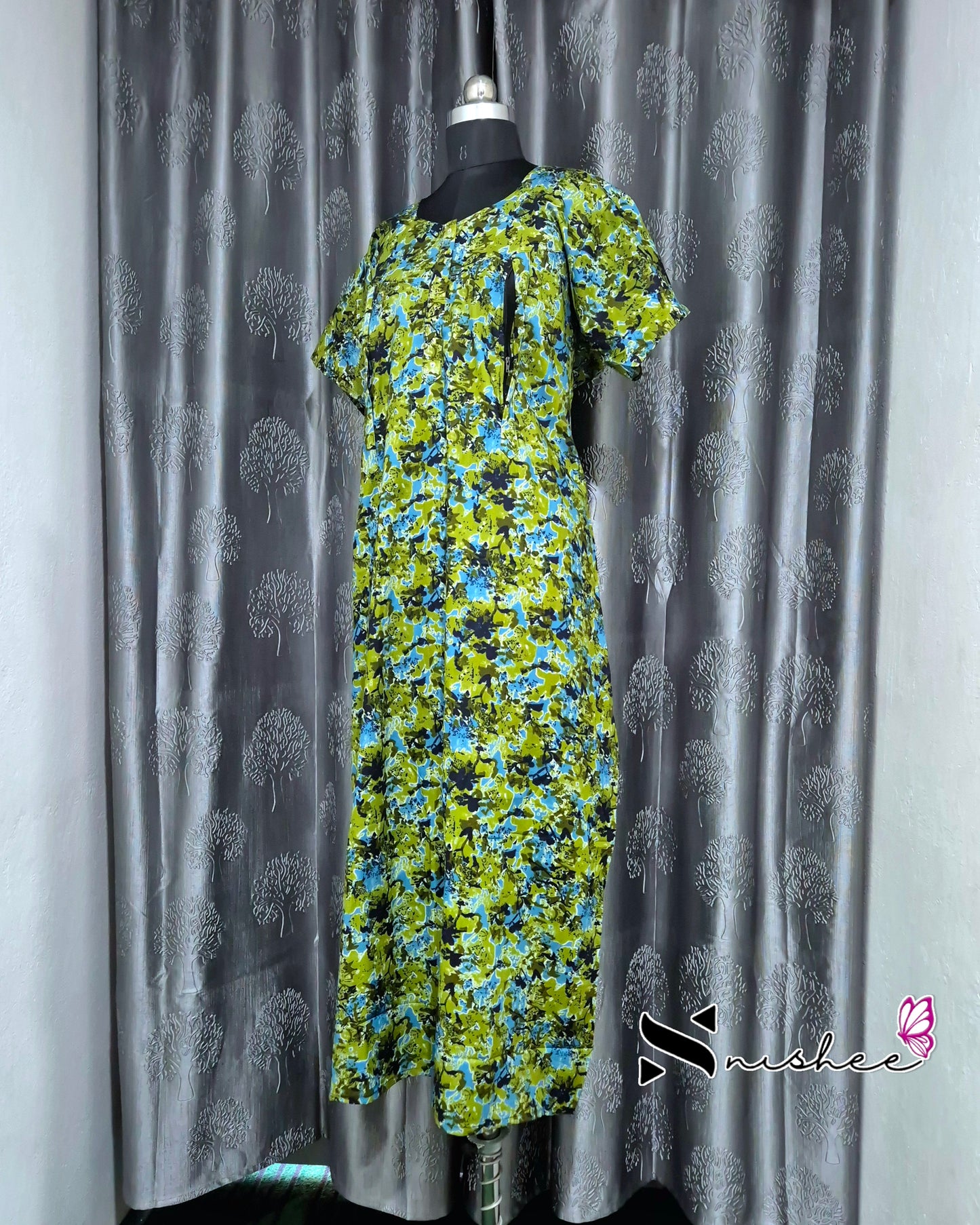 Abstract Printed Green Cotton Feeding Nighty