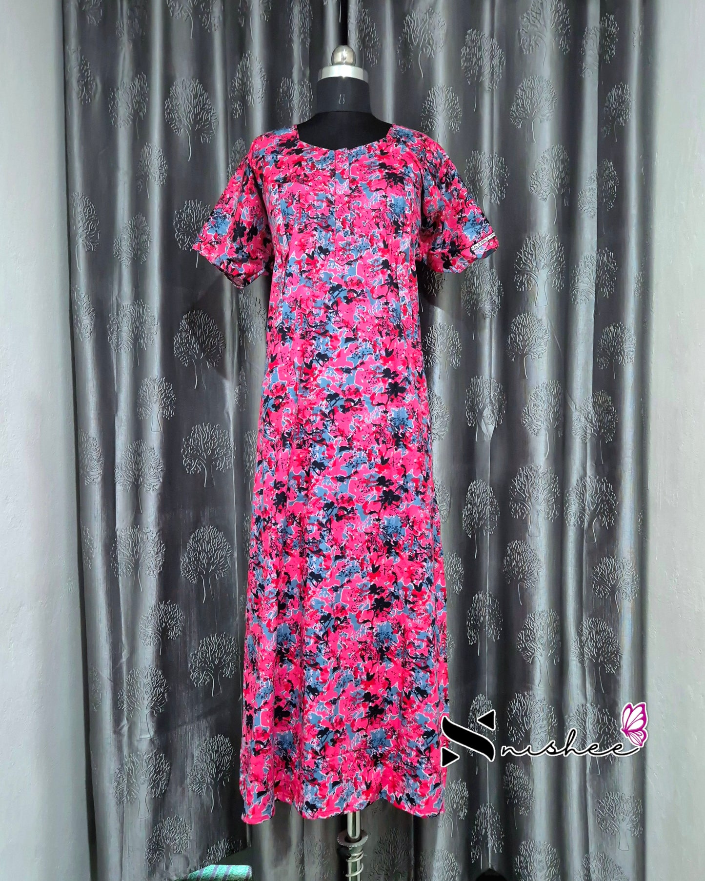 Abstract Printed Pink Cotton Feeding Nighty