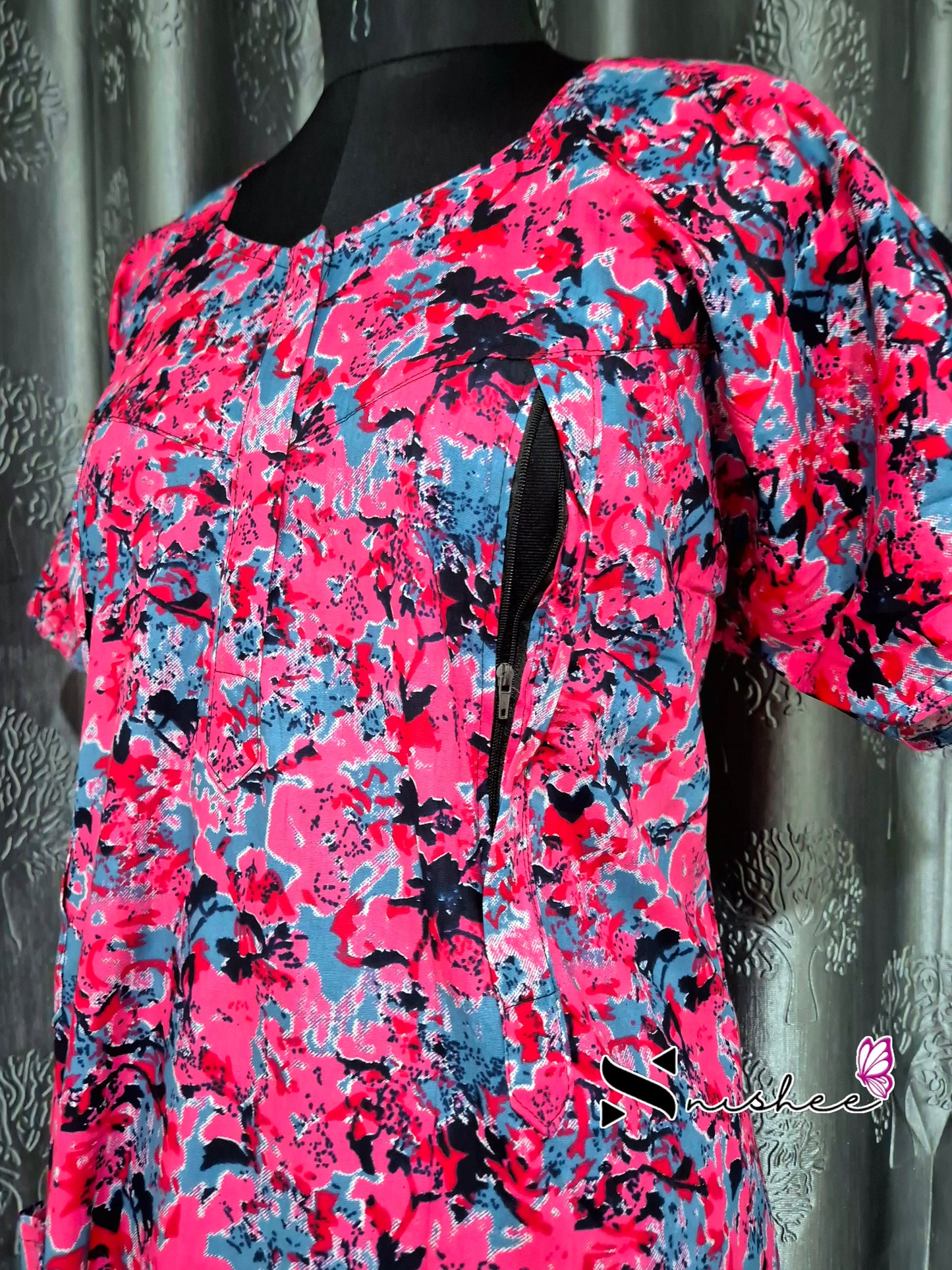 Abstract Printed Pink Cotton Feeding Nighty