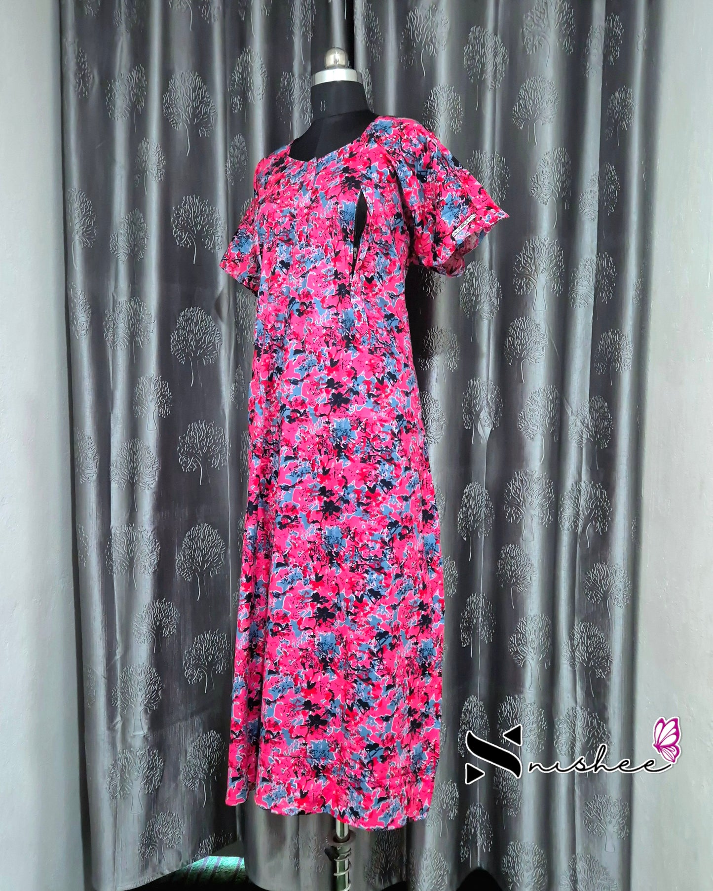 Abstract Printed Pink Cotton Feeding Nighty