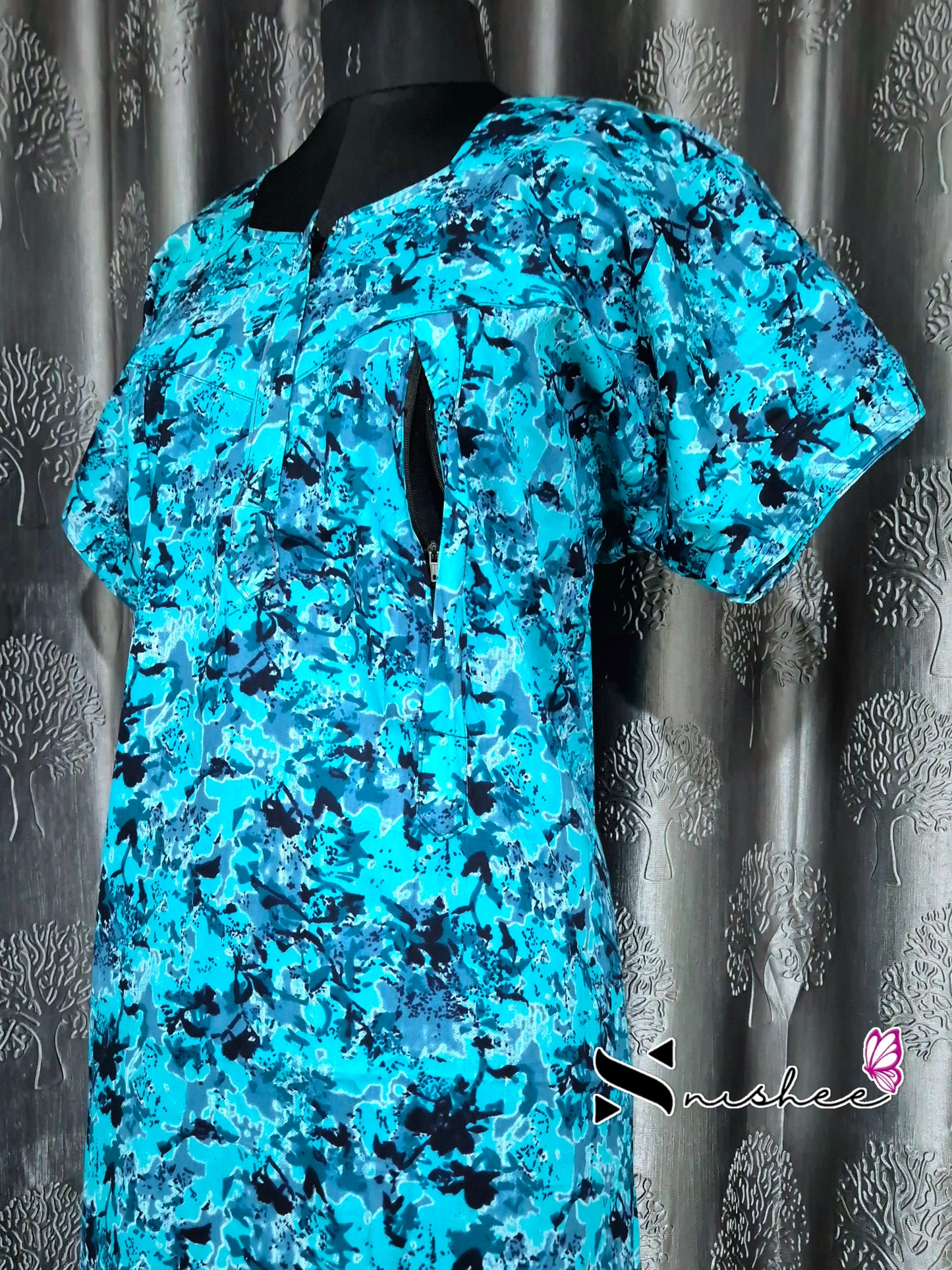Abstract Printed Blue Cotton Feeding Nighty