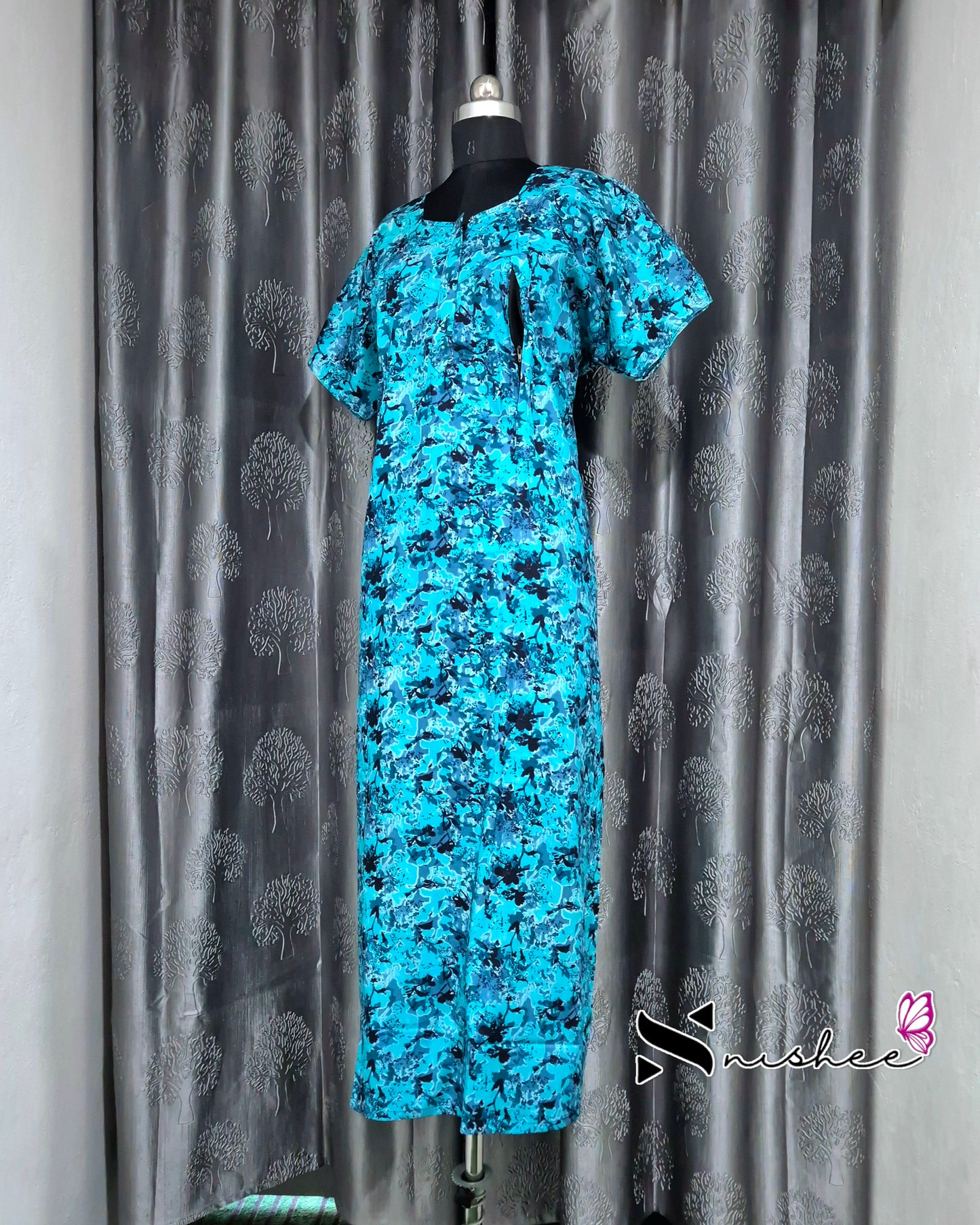 Abstract Printed Blue Cotton Feeding Nighty