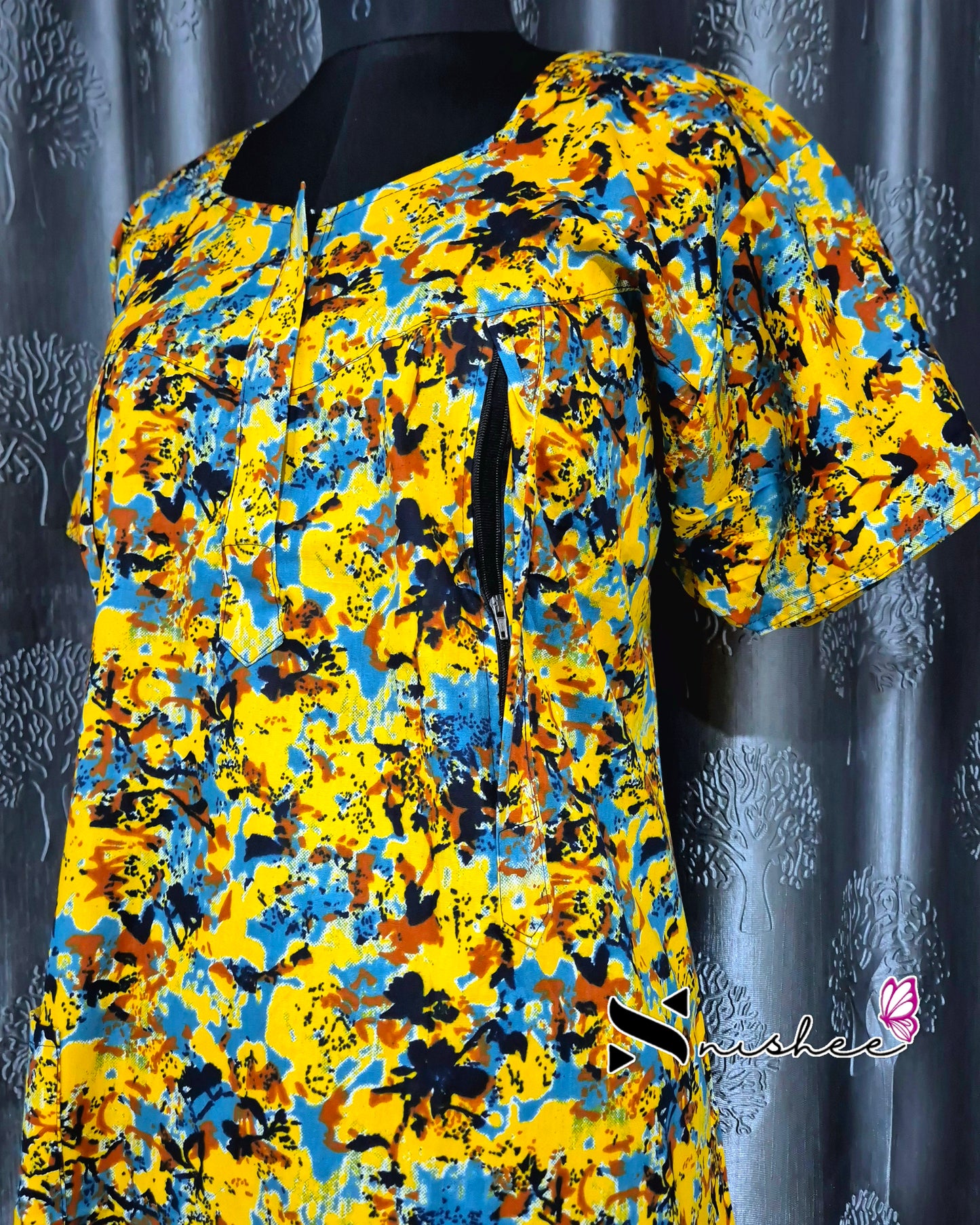 Abstract Printed Yellow Cotton Feeding Nighty