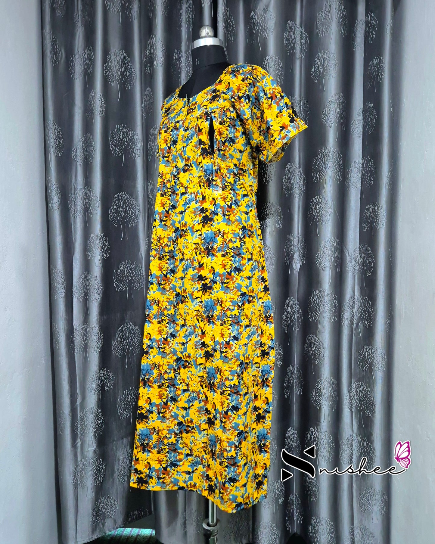 Abstract Printed Yellow Cotton Feeding Nighty