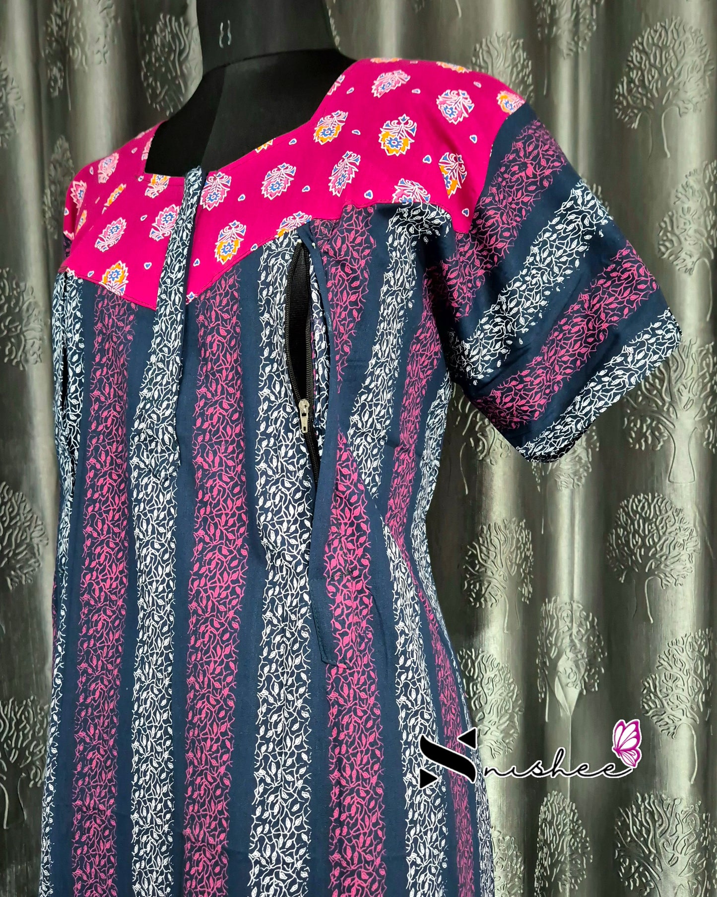 Pink/ Blue Striped Cotton Feeding Nighty