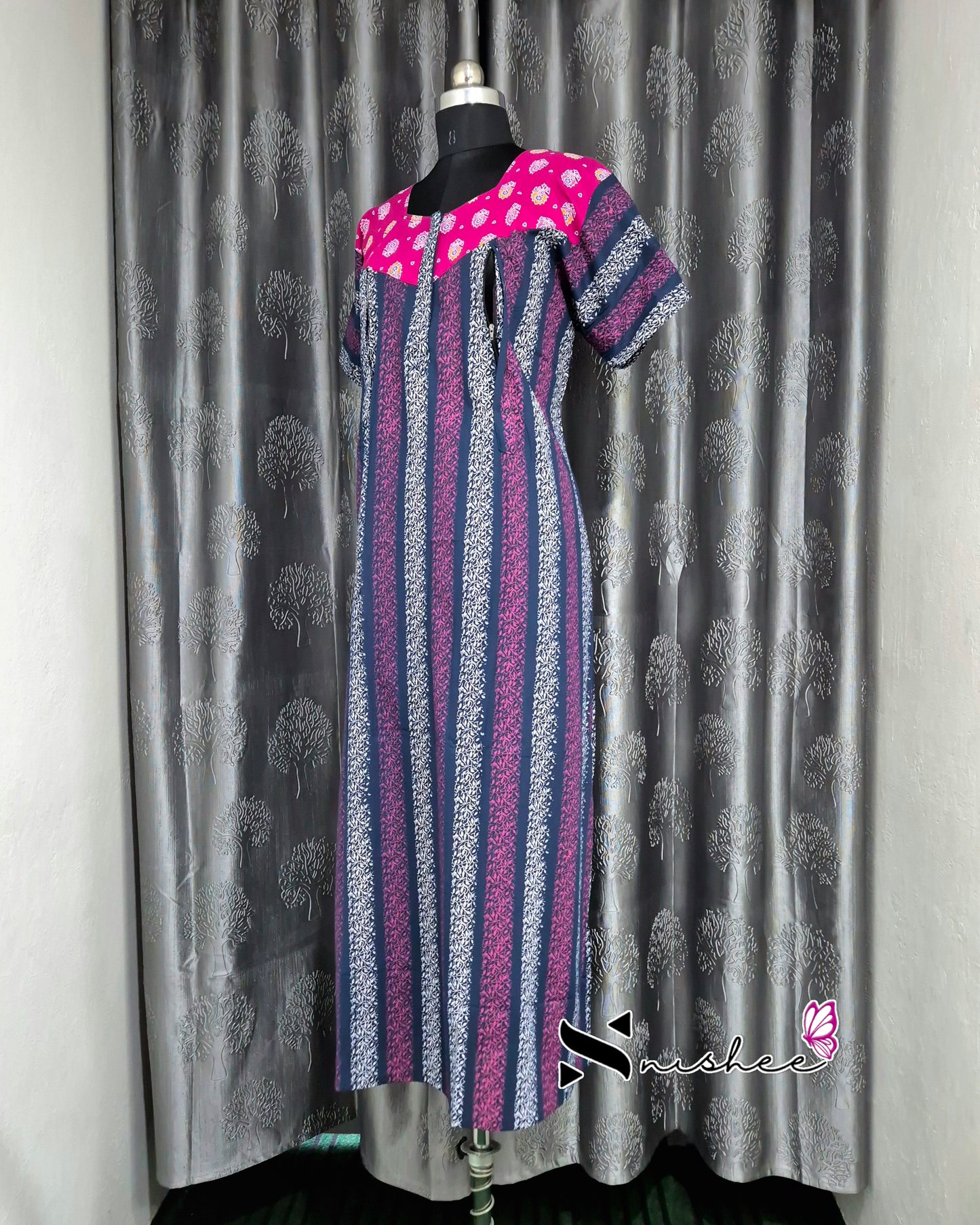 Pink/ Blue Striped Cotton Feeding Nighty