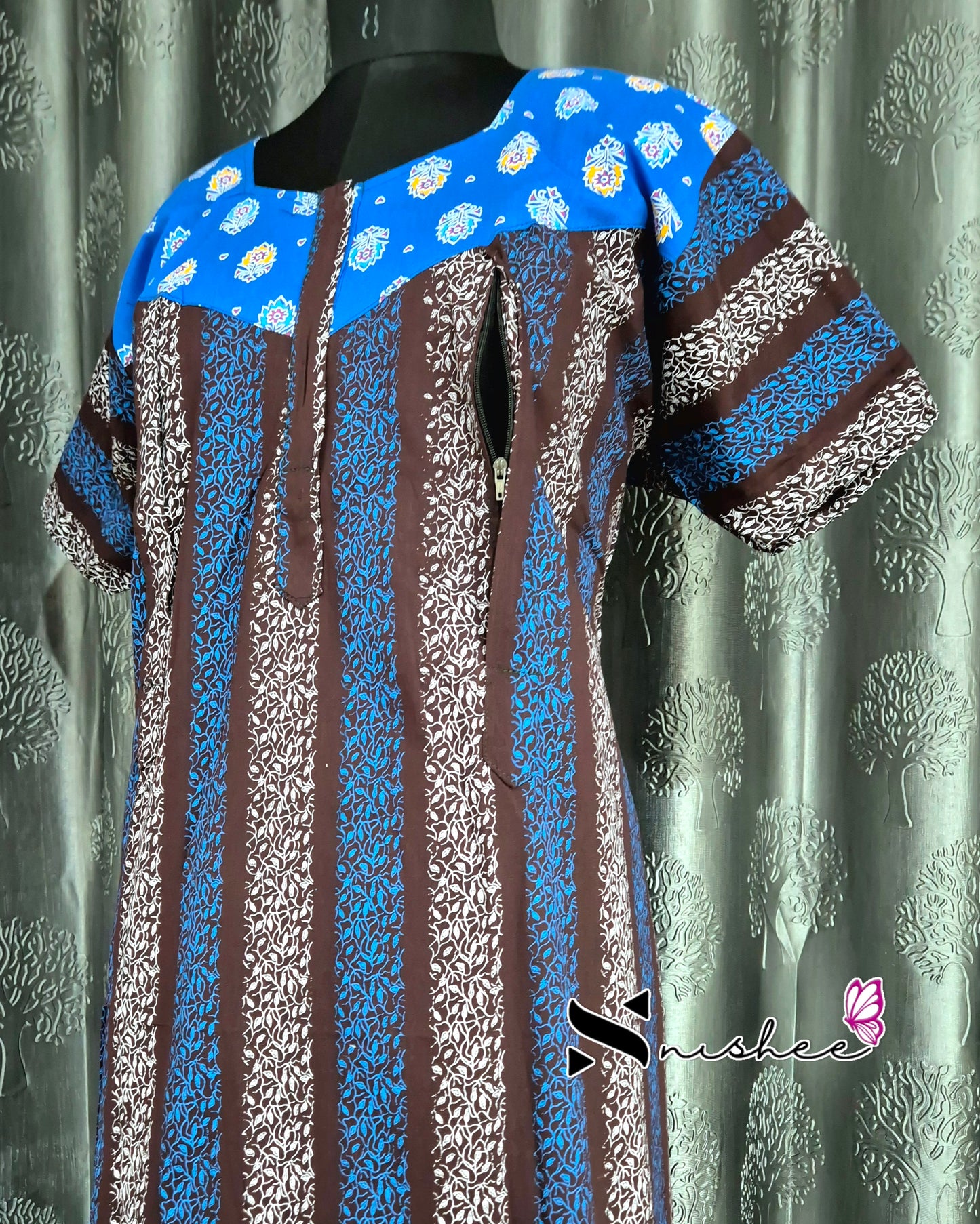 Blue/ Brown Striped Cotton Feeding Nighty