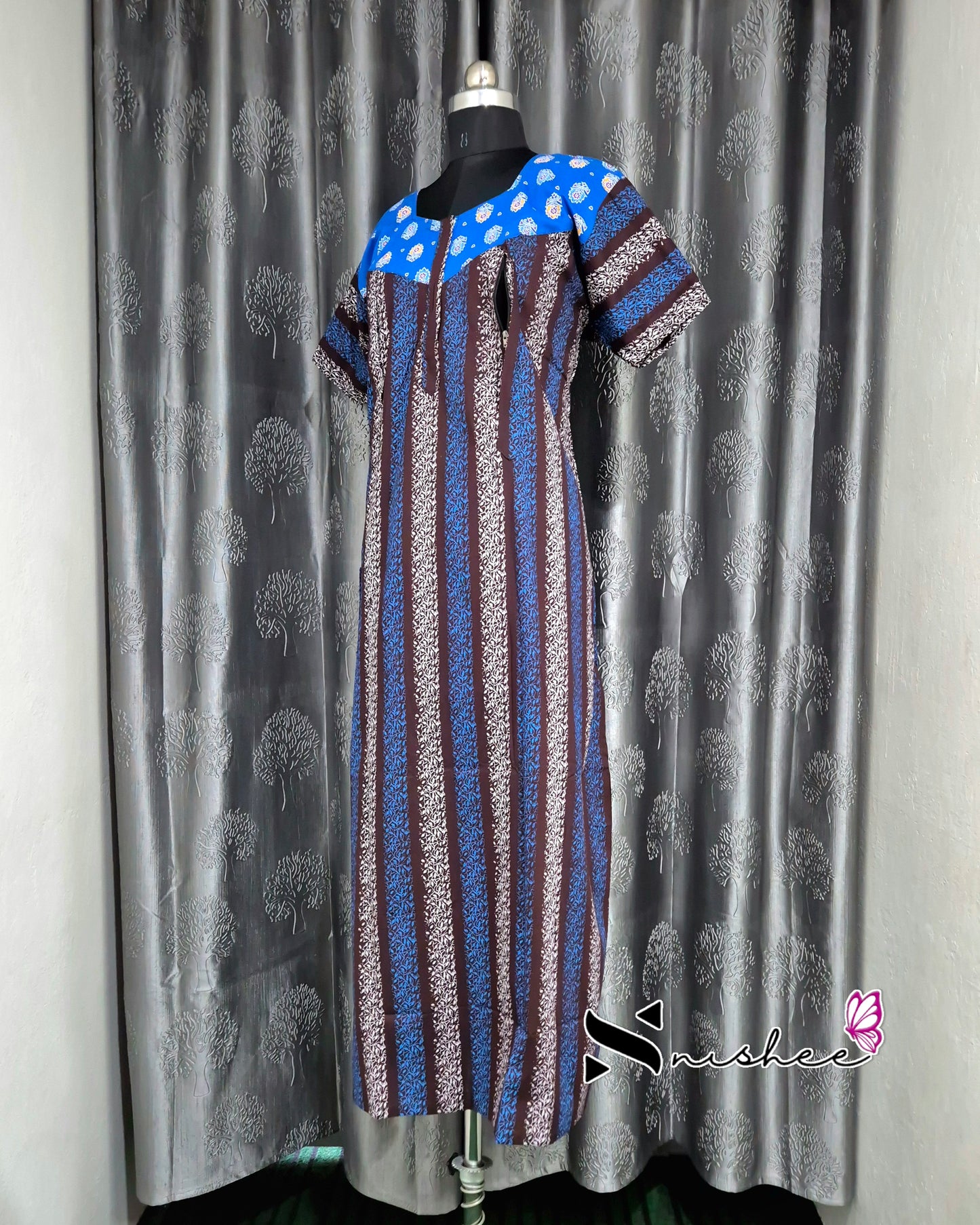 Blue/ Brown Striped Cotton Feeding Nighty