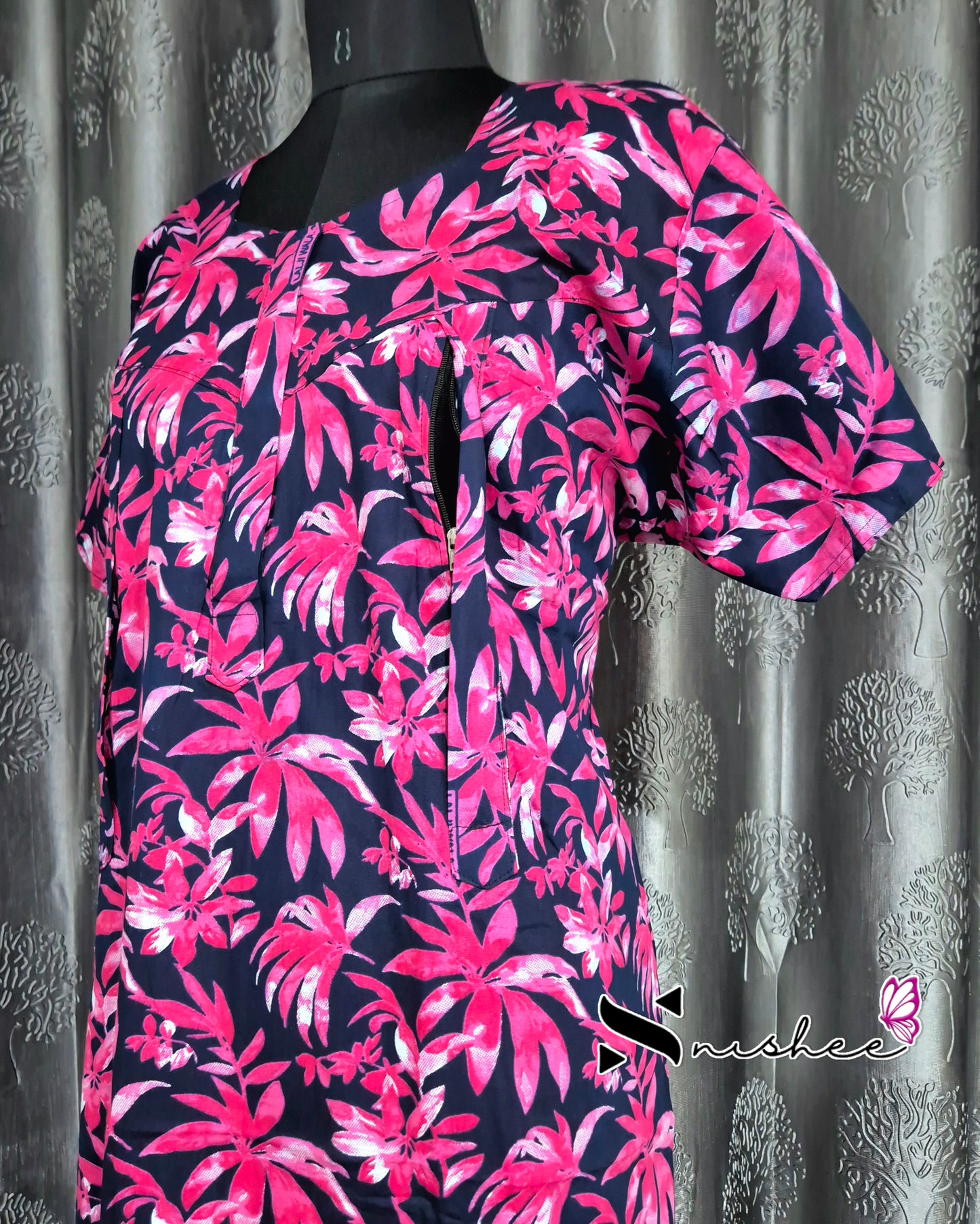 Palm Leaf Printed Blue/ Pink Cotton Feeding Nighty