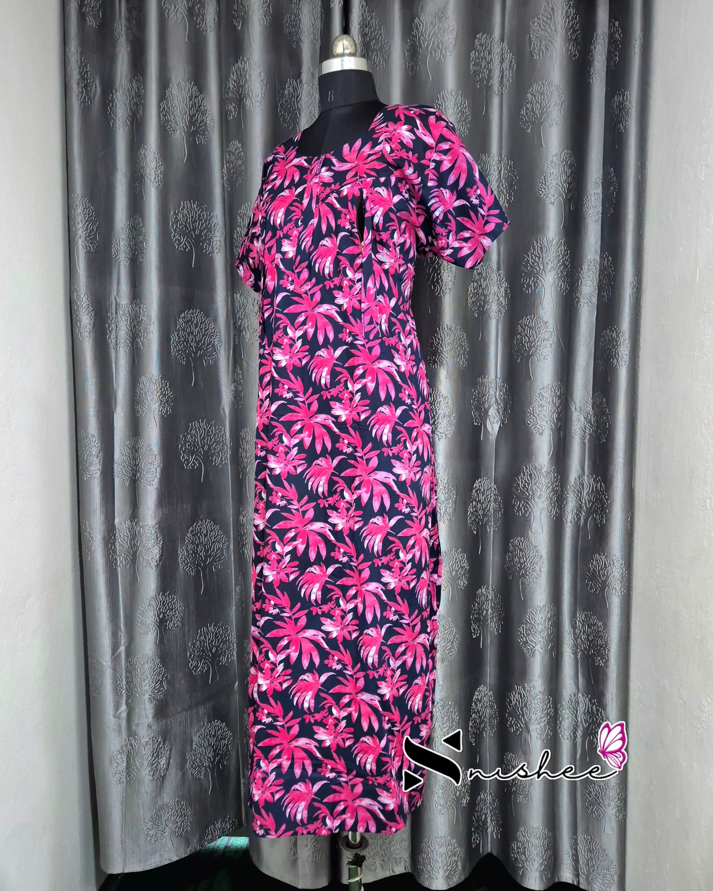 Palm Leaf Printed Blue/ Pink Cotton Feeding Nighty