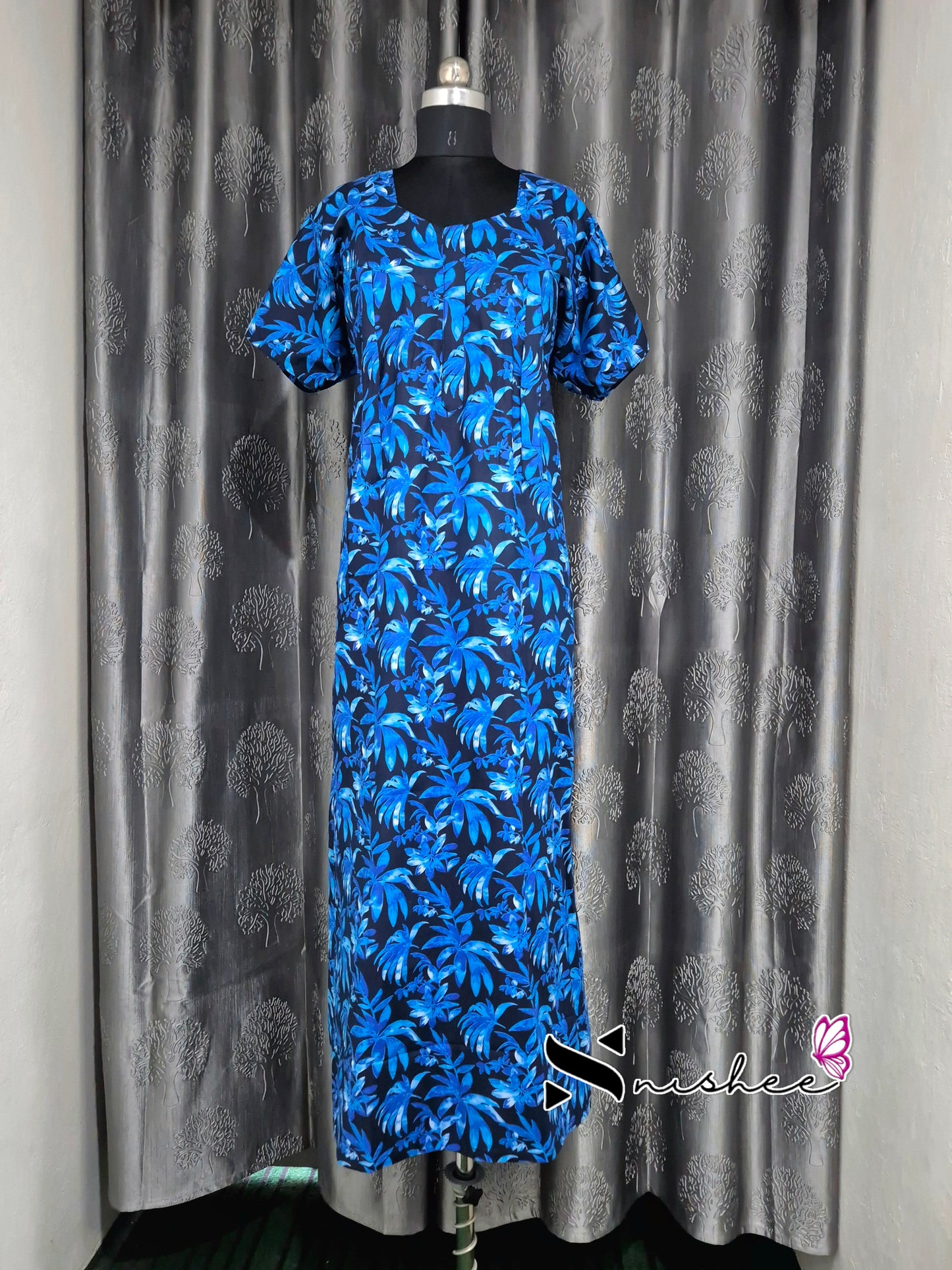Palm Leaf Printed Blue Cotton Feeding Nighty