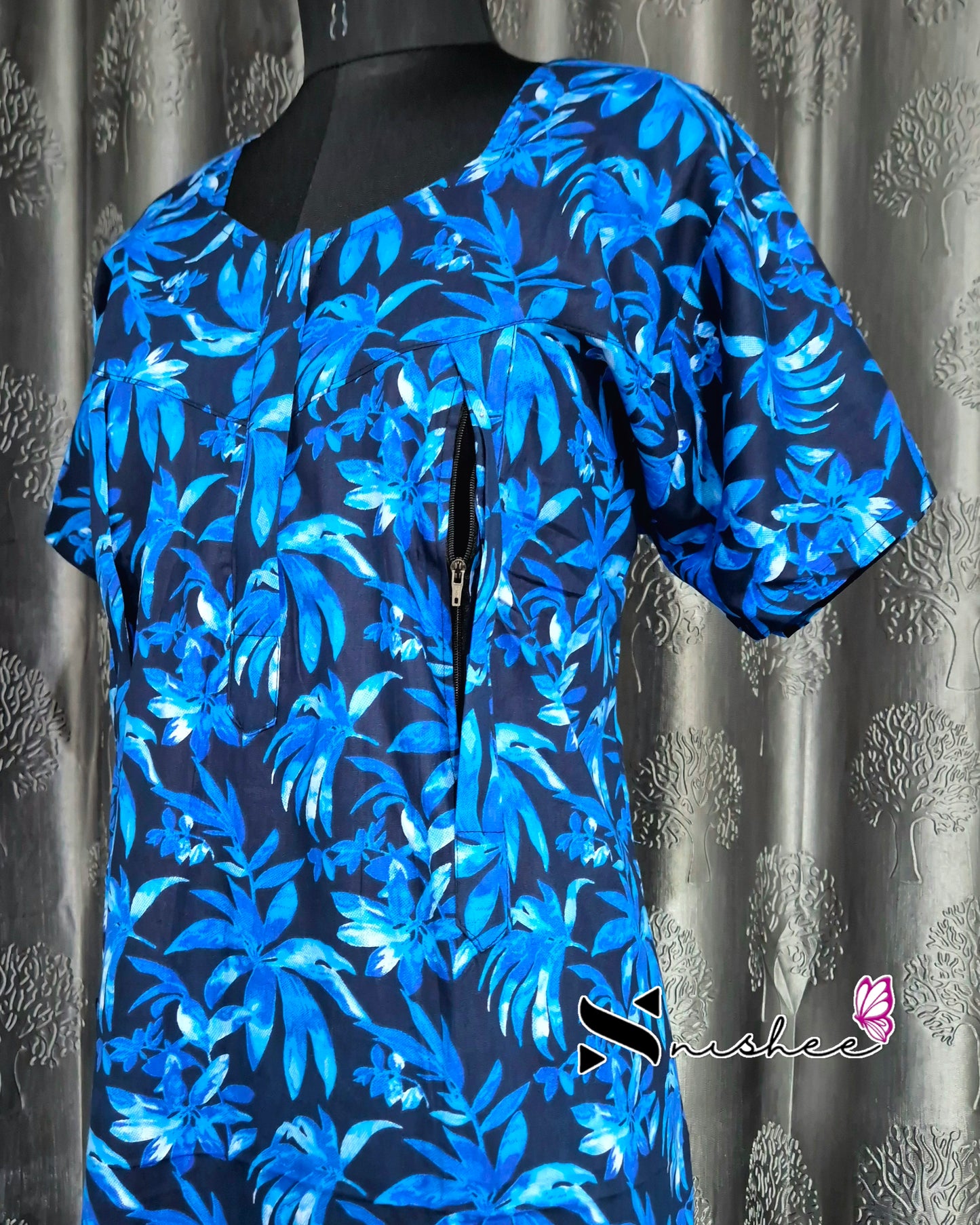 Palm Leaf Printed Blue Cotton Feeding Nighty
