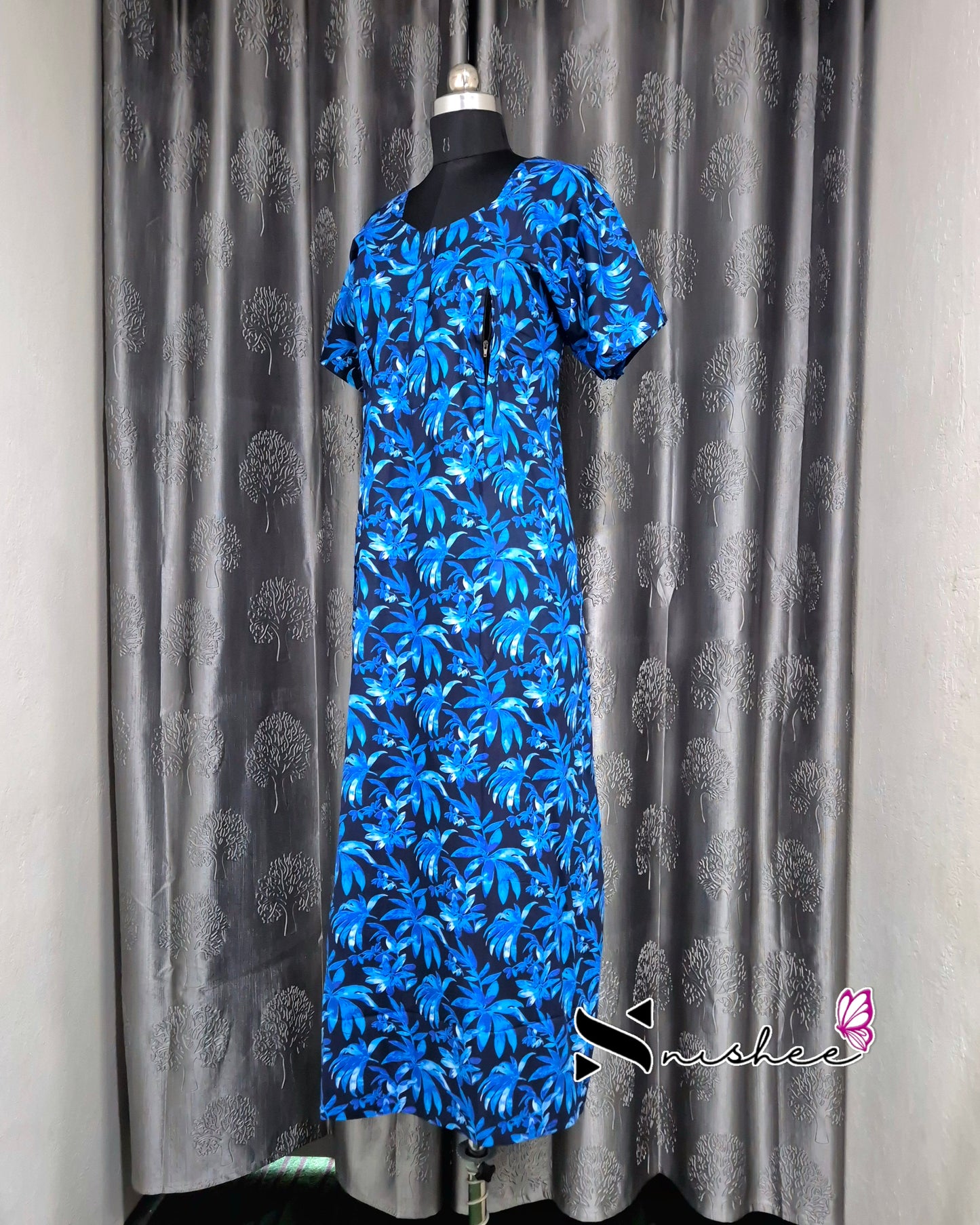 Palm Leaf Printed Blue Cotton Feeding Nighty