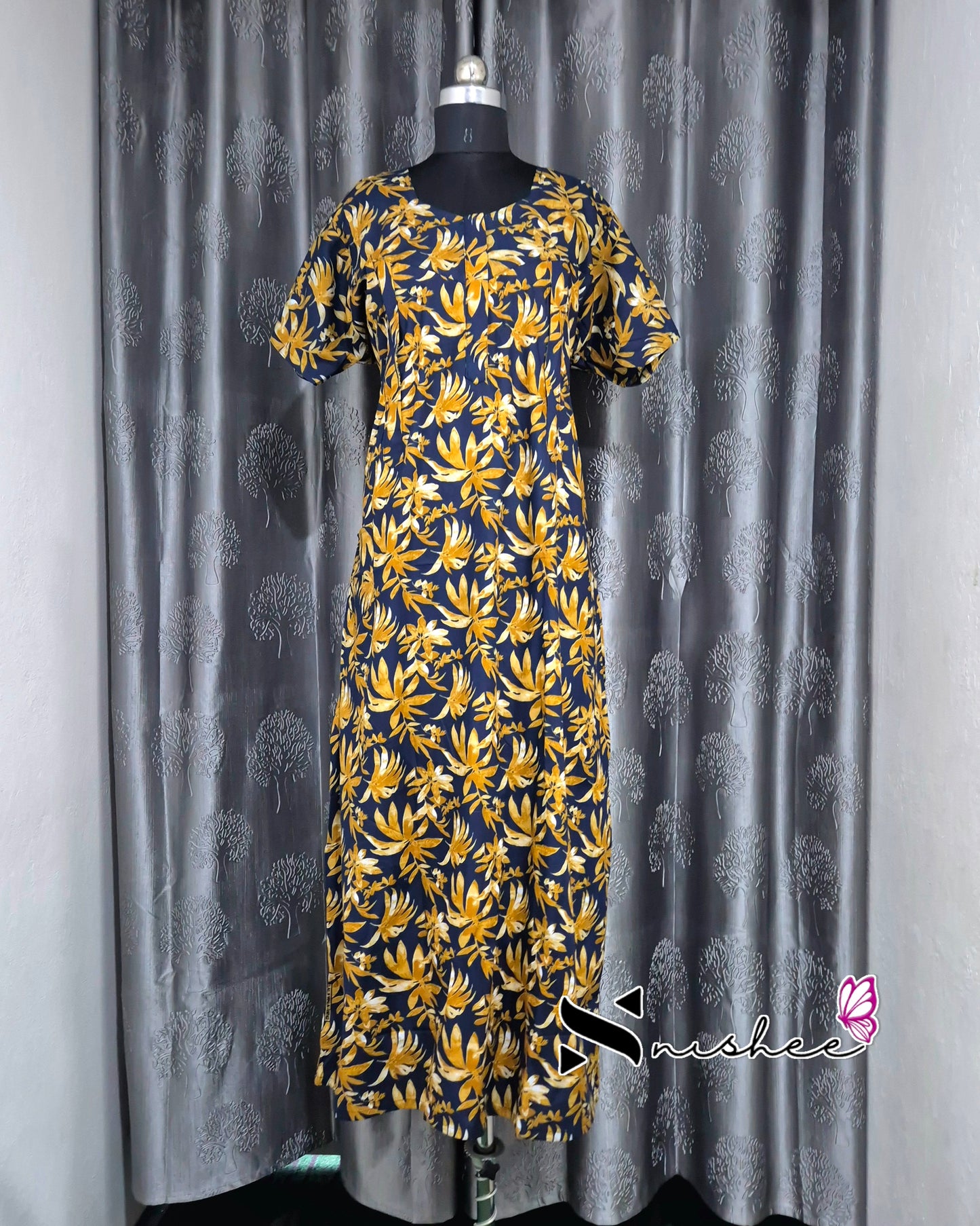Palm Leaf Printed Blue/ Mustard Cotton Feeding Nighty