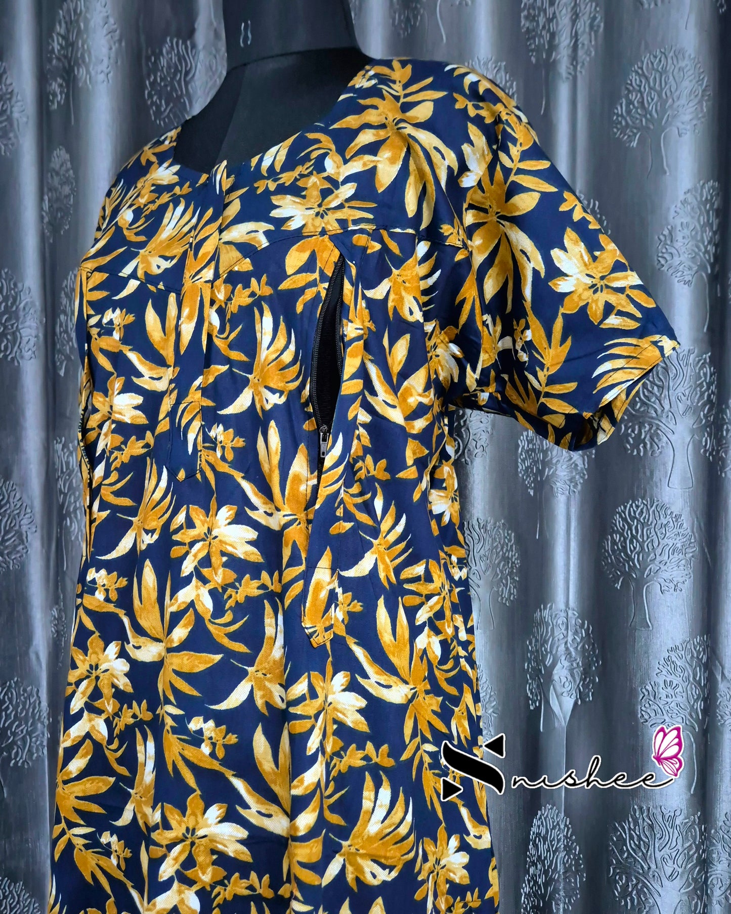 Palm Leaf Printed Blue/ Mustard Cotton Feeding Nighty