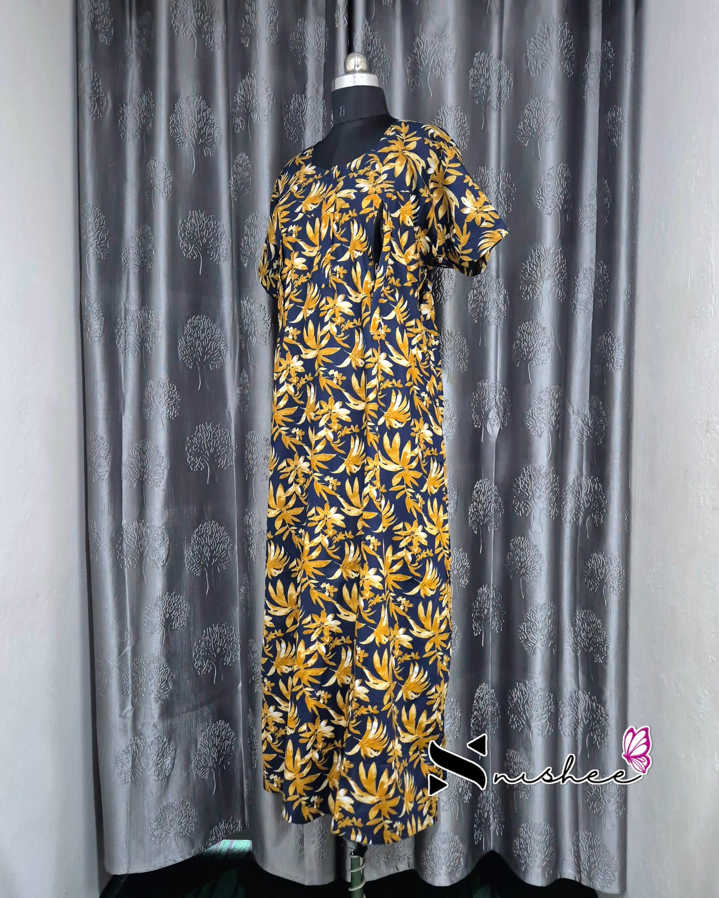 Palm Leaf Printed Blue/ Mustard Cotton Feeding Nighty