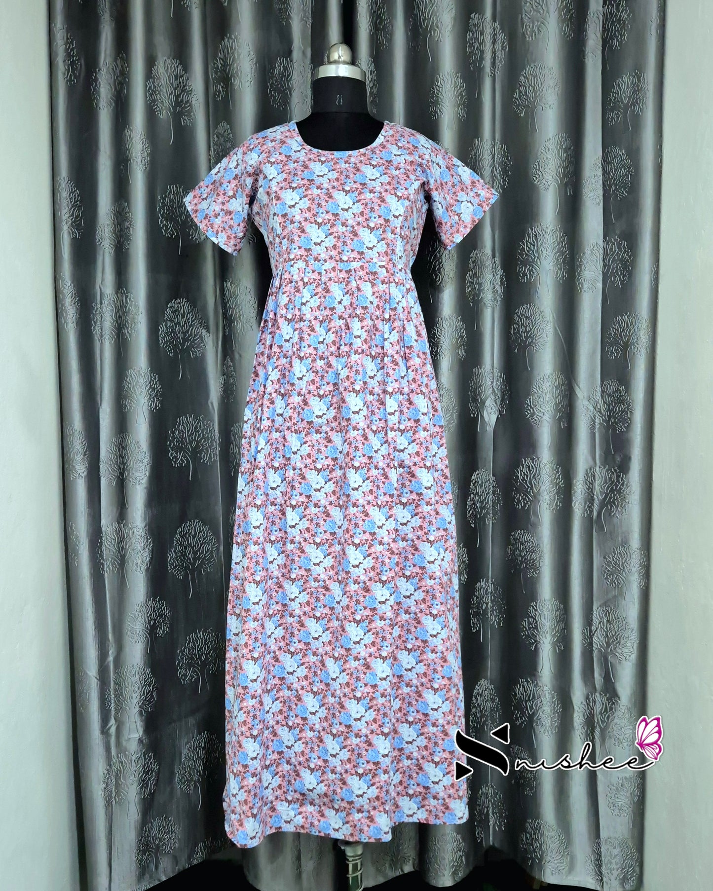 Floral Printed Peach Cotton Feeding Frock Nighty