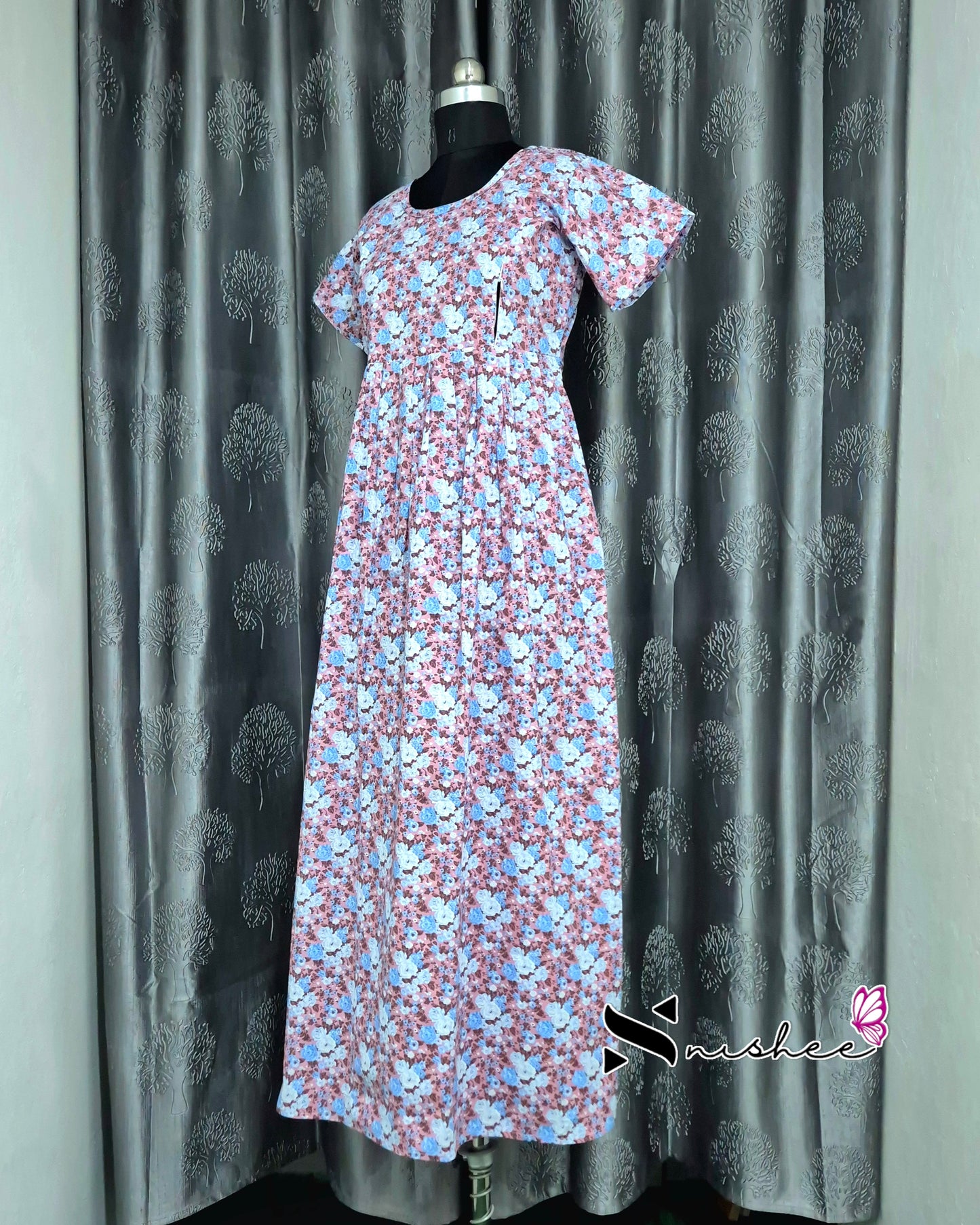 Floral Printed Peach Cotton Feeding Frock Nighty