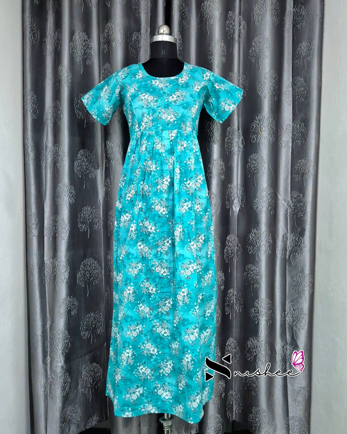 Floral Printed Greenish Blue Cotton Feeding Frock Nighty