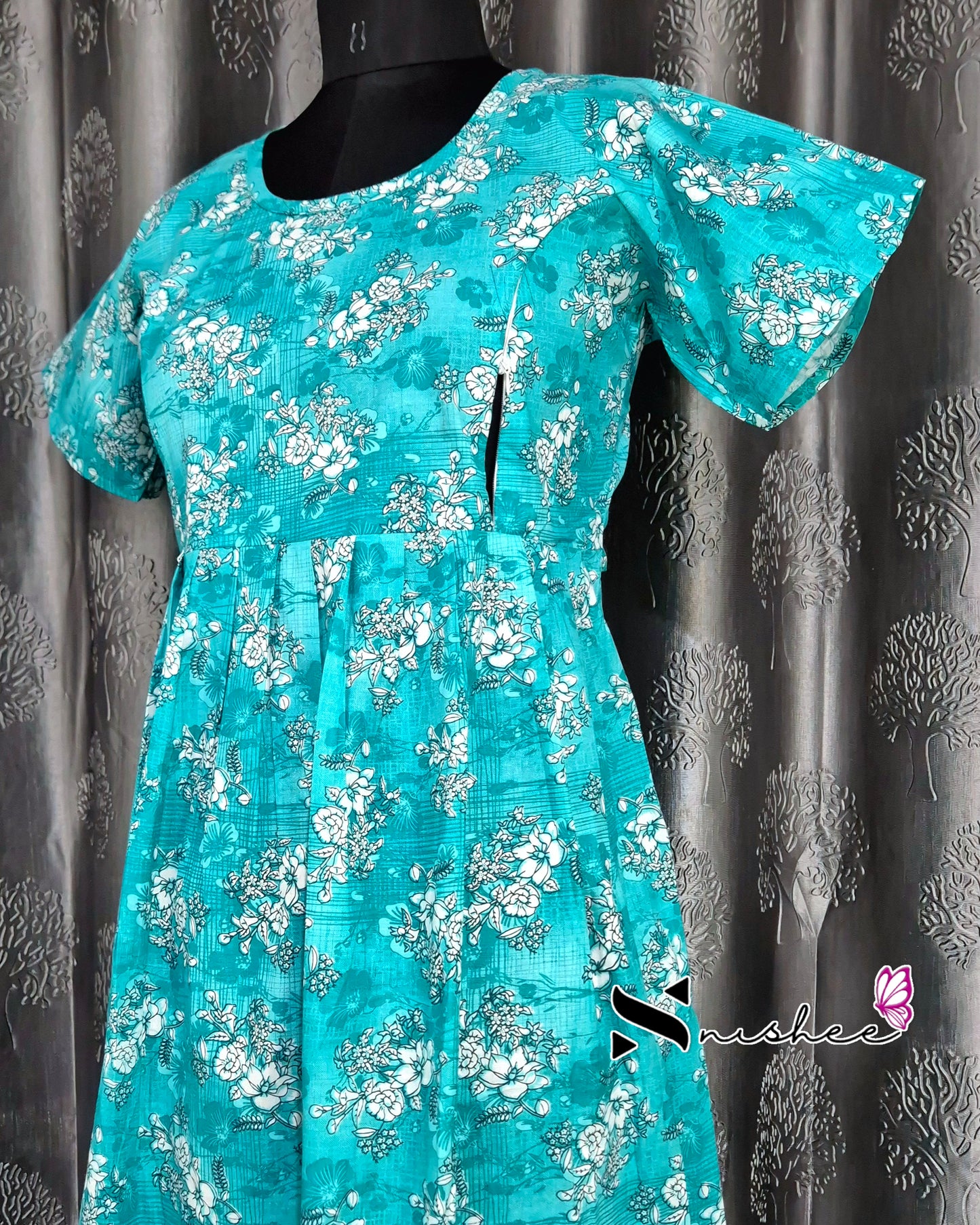 Floral Printed Greenish Blue Cotton Feeding Frock Nighty