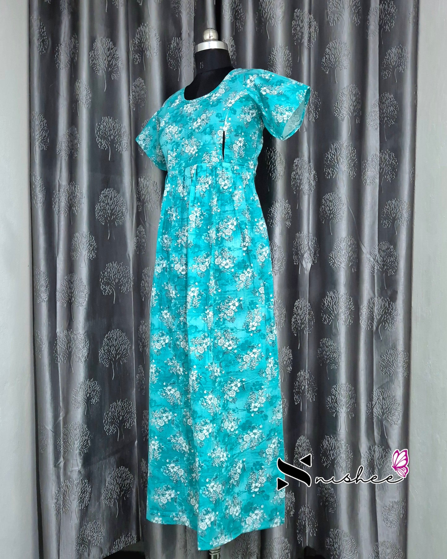 Floral Printed Greenish Blue Cotton Feeding Frock Nighty