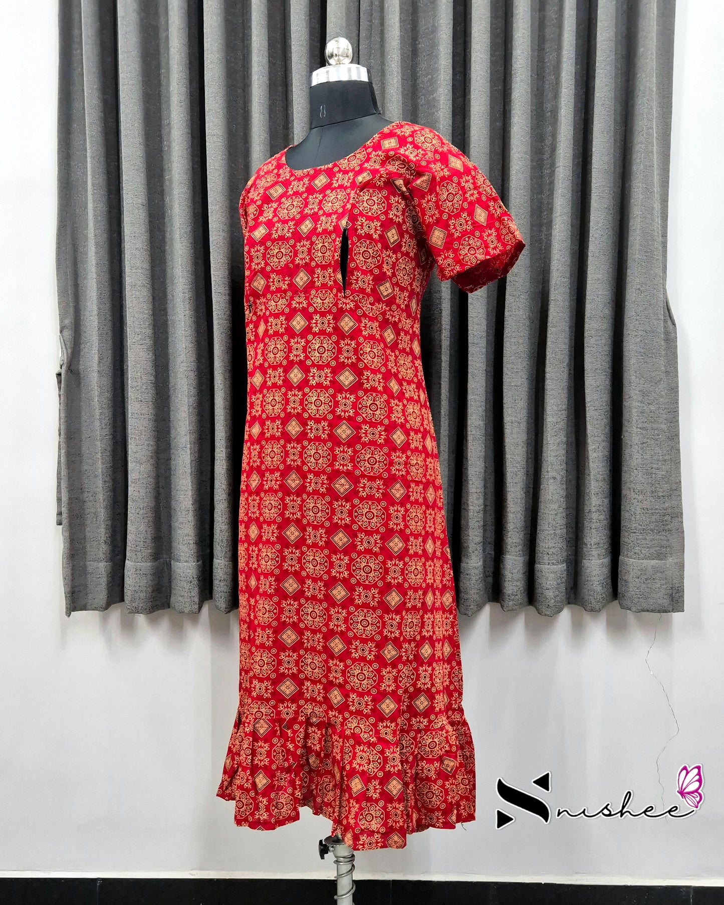 Red Ajrak Print Feeding Frock Nighty