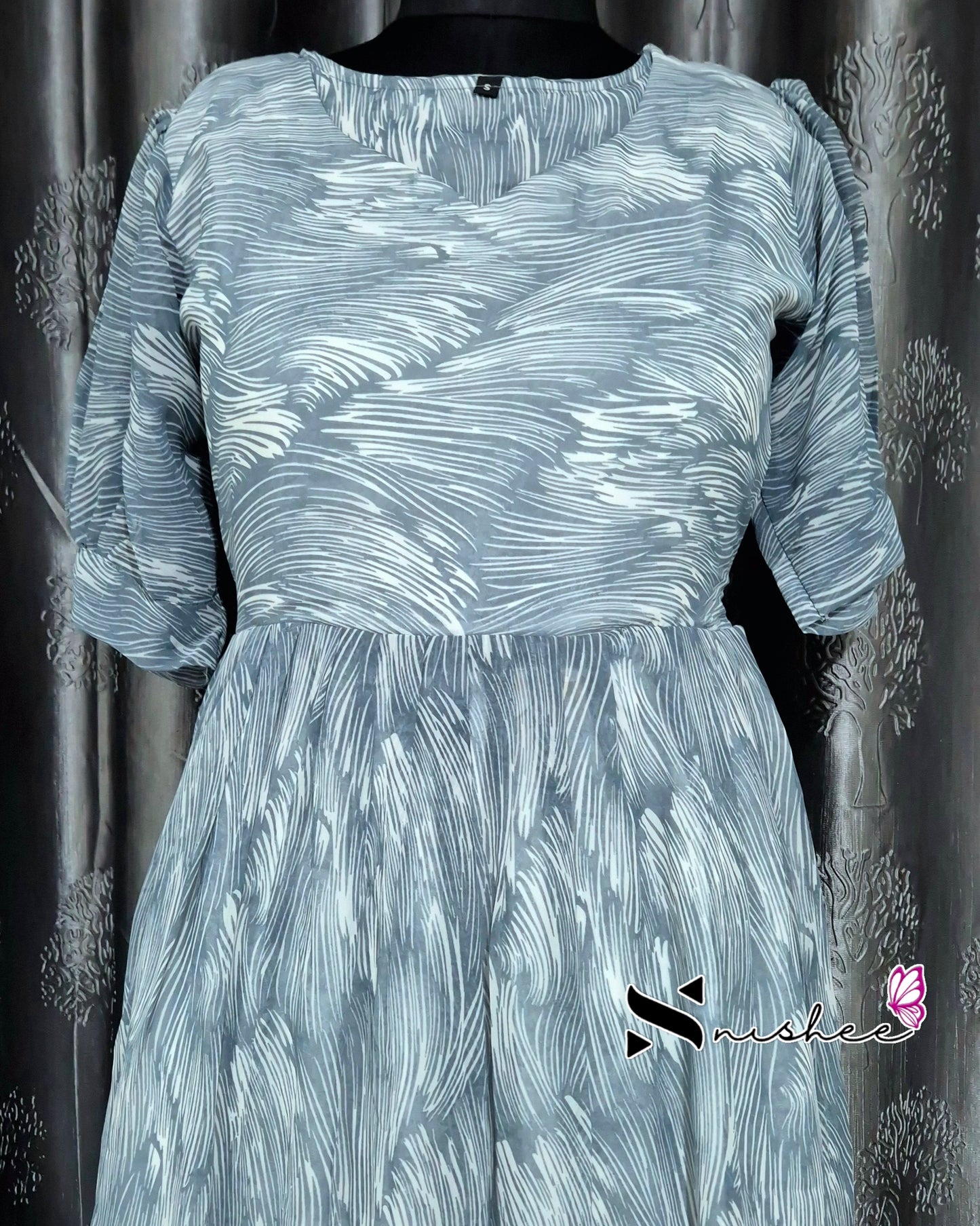 Scribbed Patches with Sweet Heart Neck Grey Gown