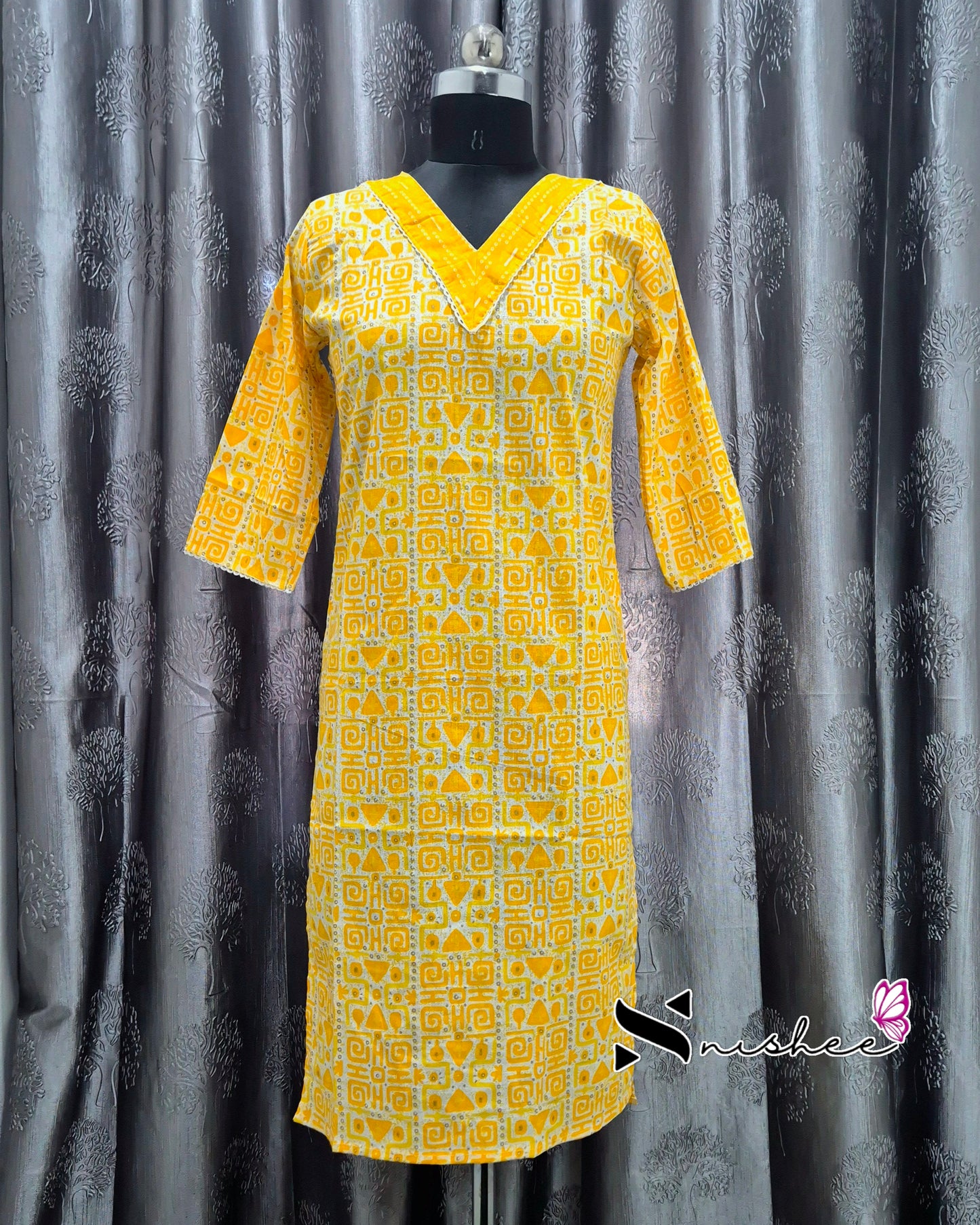 Abstract printed V Neck Yellow Kurti