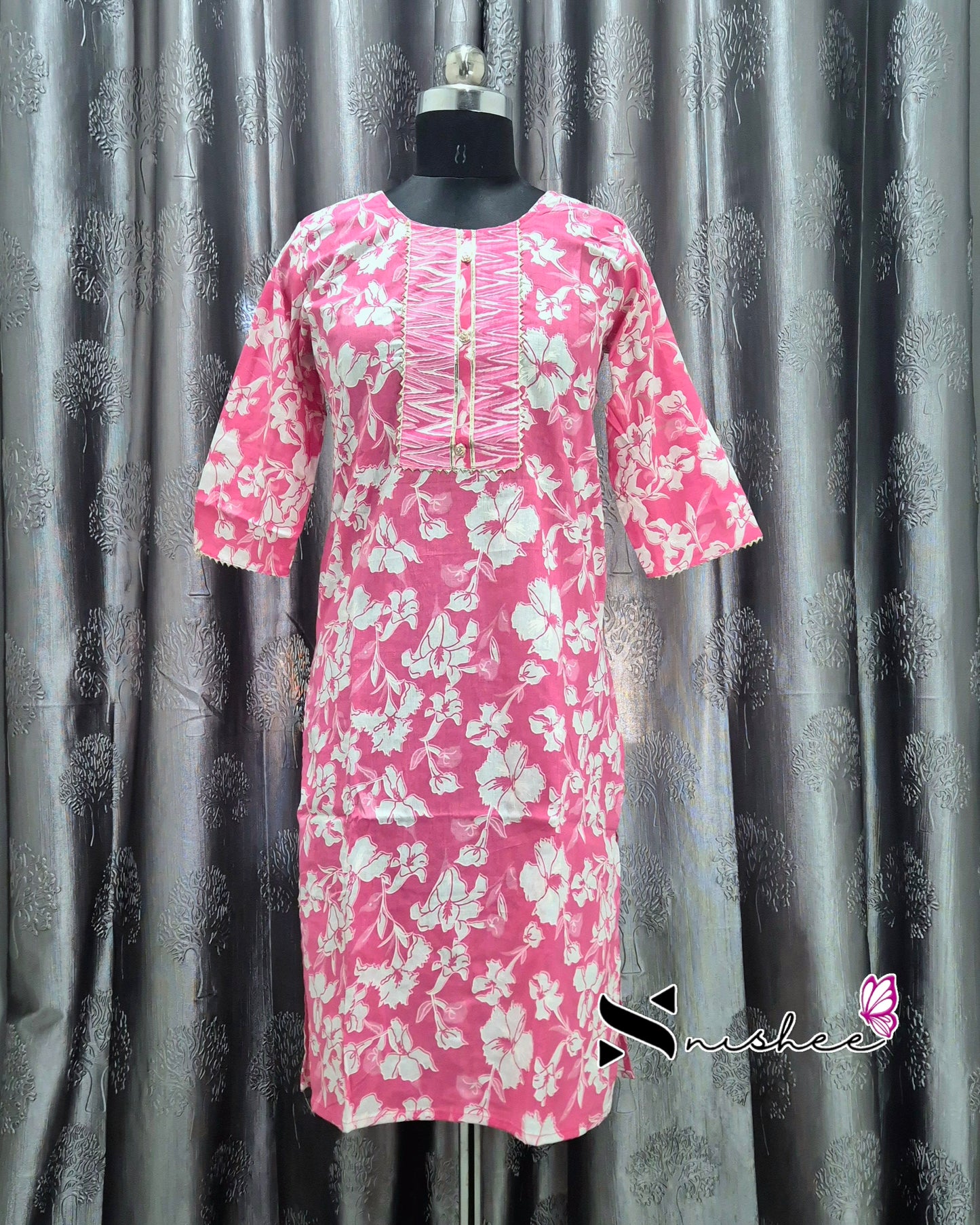 Pink/ White Floral printed Kurti