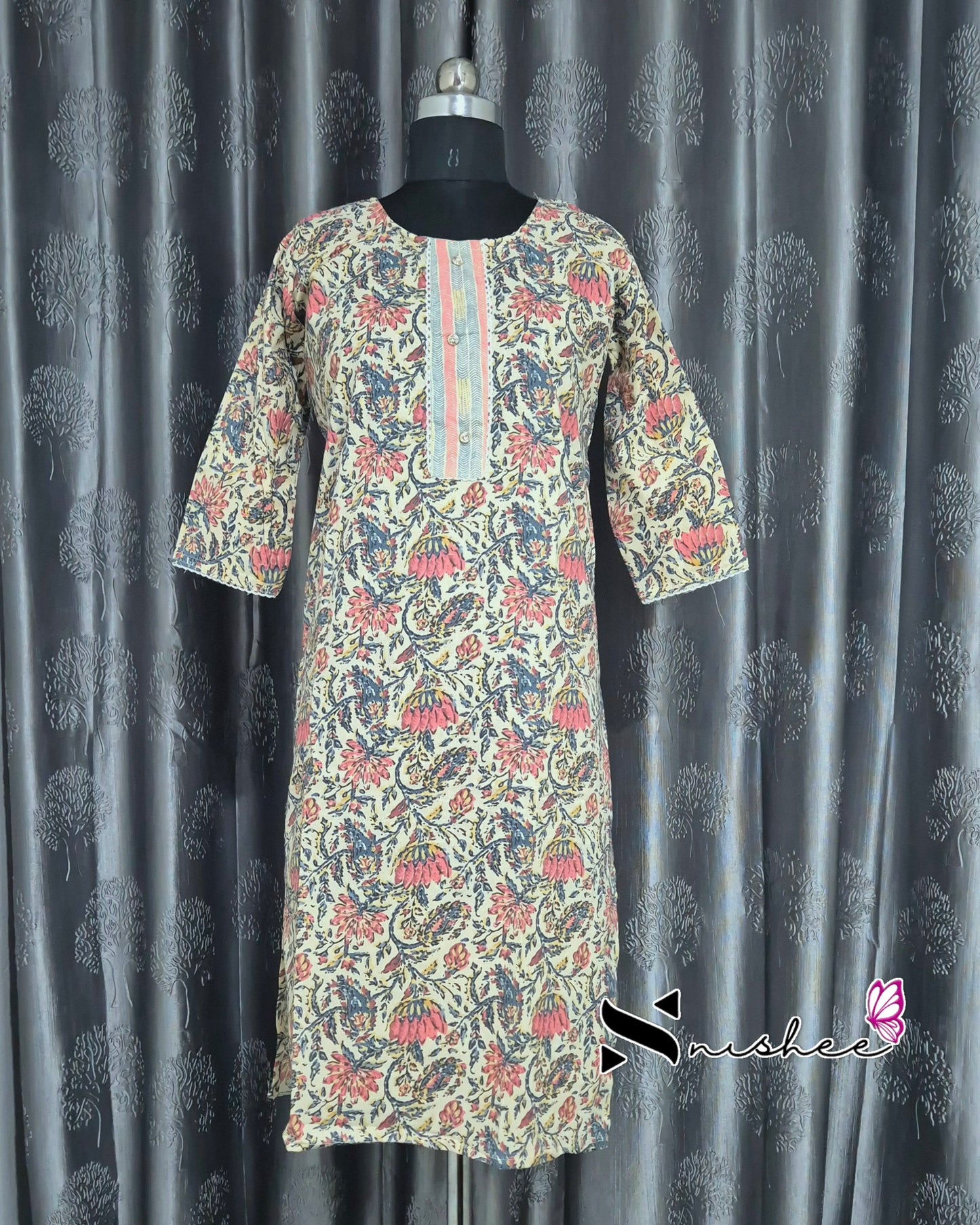 Beige Lotus Printed Kurti