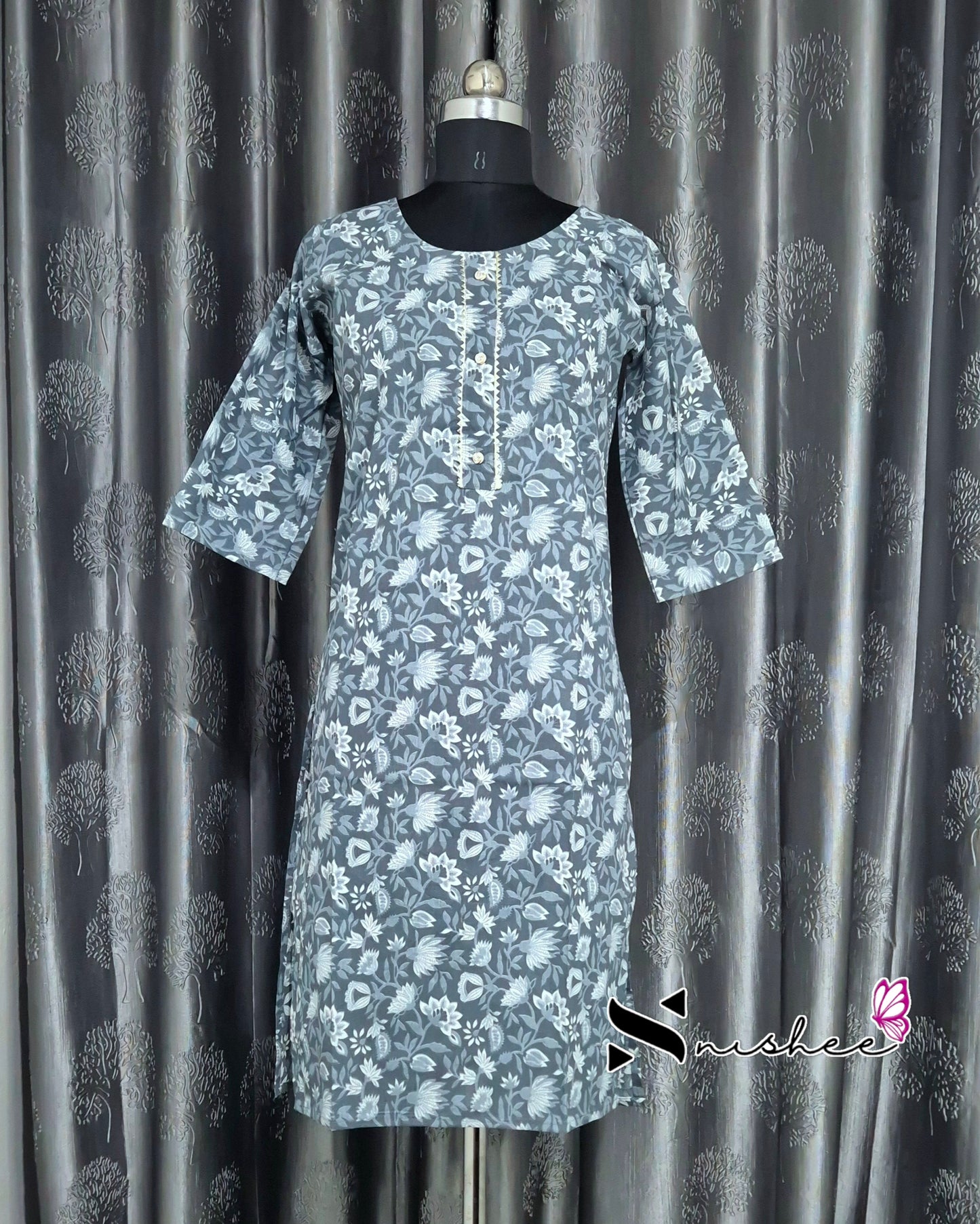 Grey Floral Bunch Printed Kurti