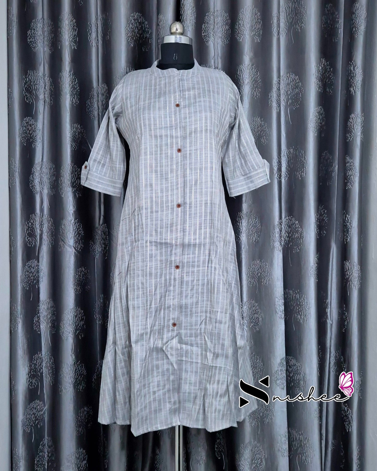 Grey Striped Chinese Collar Kurti