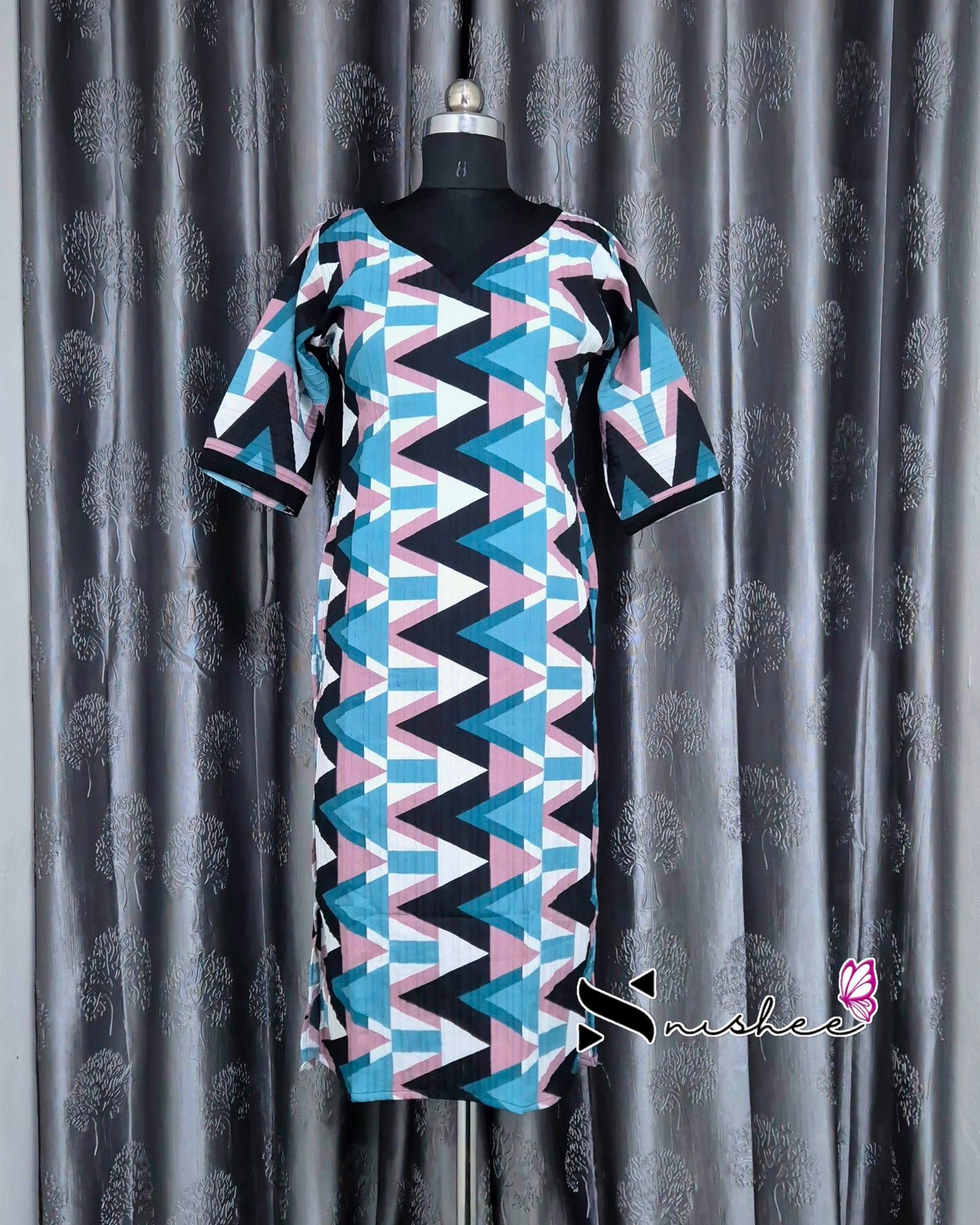 Blue Abstract Triangle Printed Popcorn Kurti