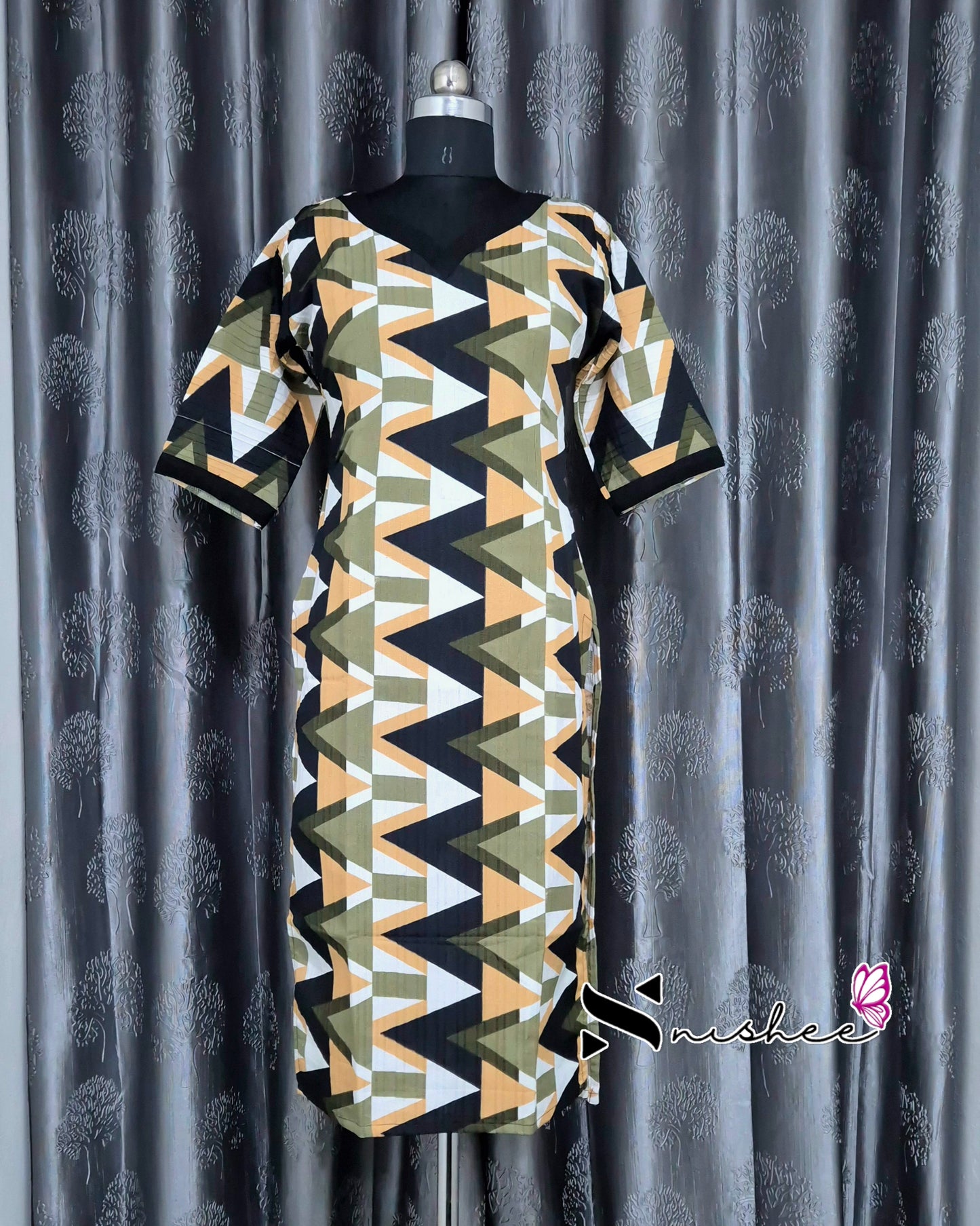 Green Abstract Triangle Printed Popcorn Kurti