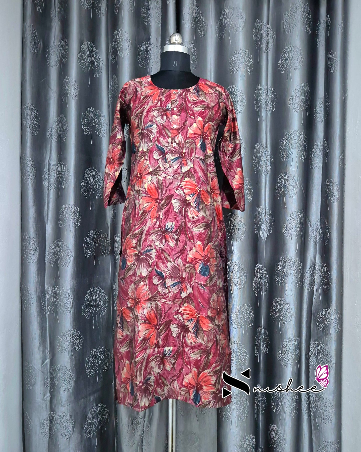 Red Floral Printed Muslin Kurti
