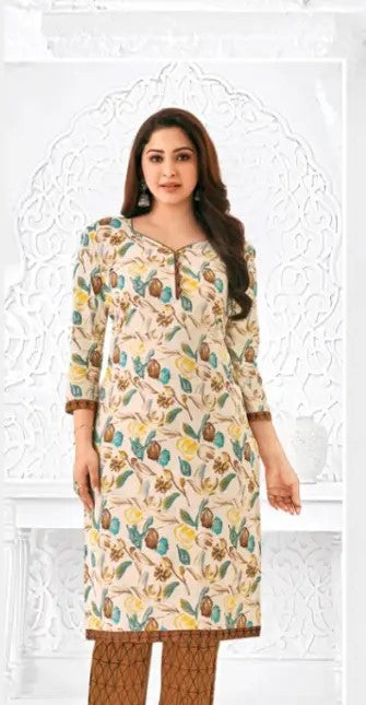 Cream/ Brown Leafy Floral Printed Cotton Kurti