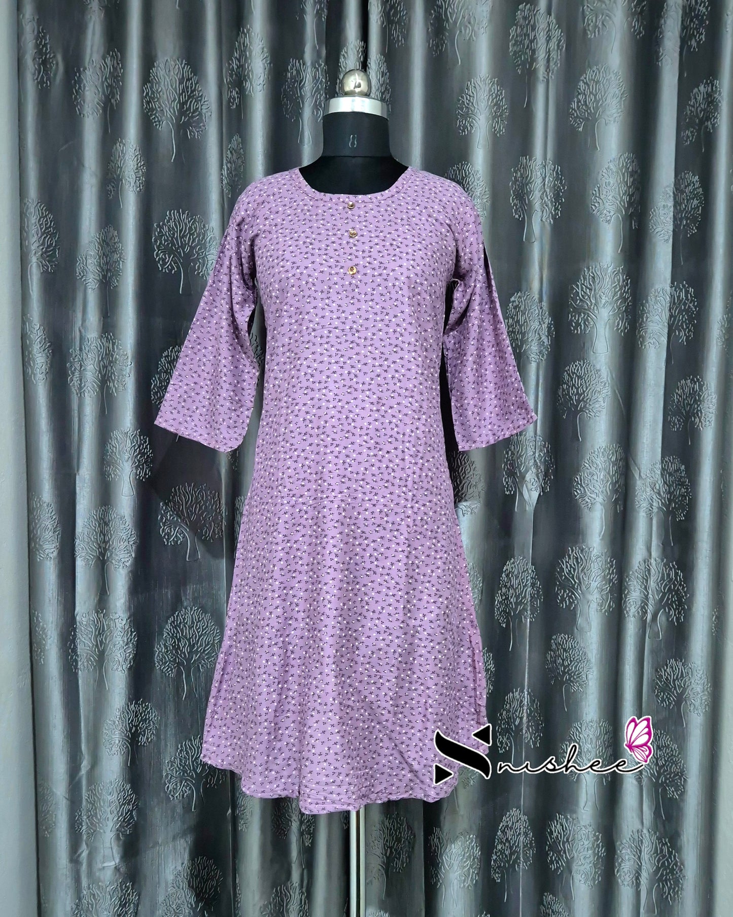 Purple Mini Floral Print A Line Kurti