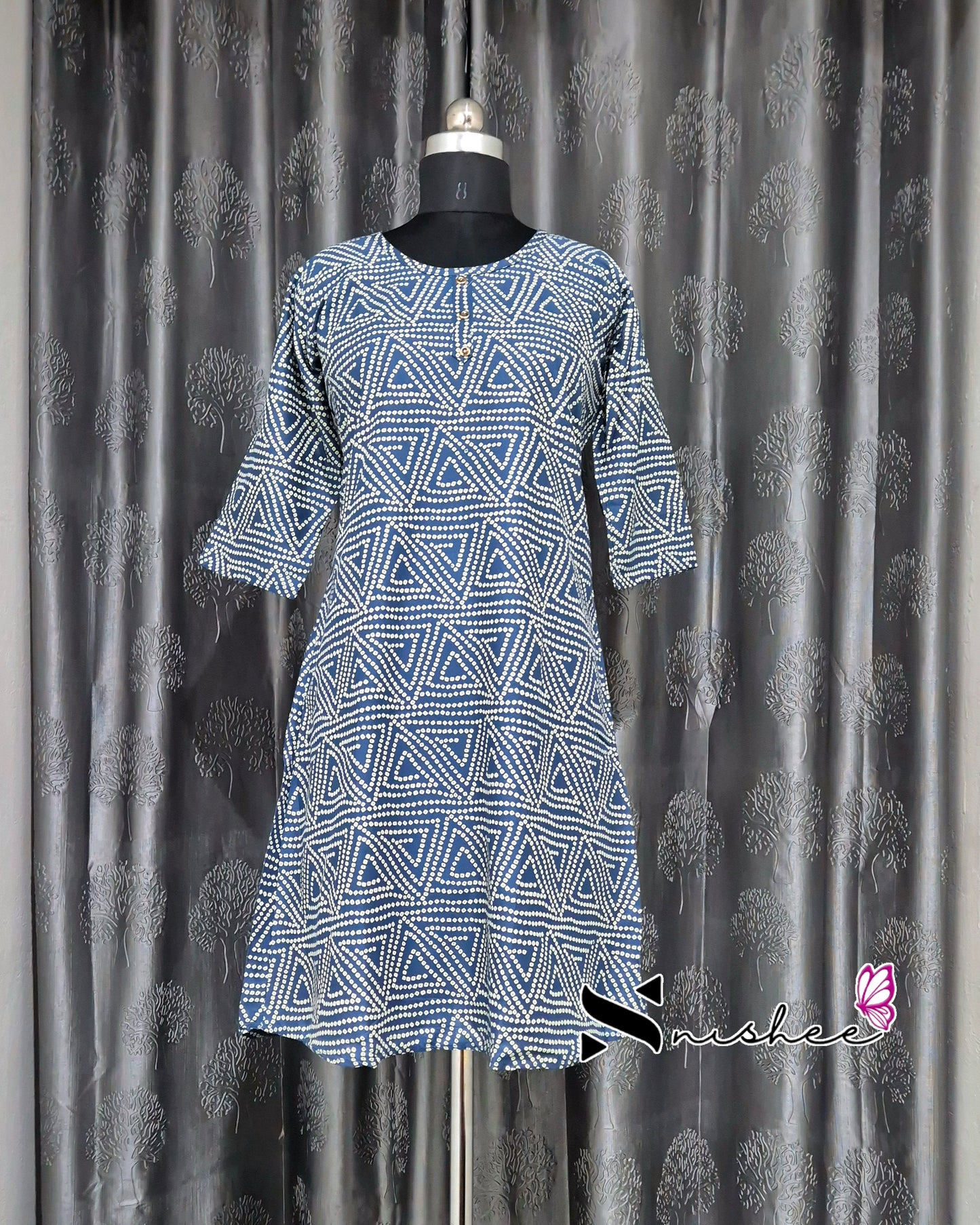 Blue Triangular Chain Print A Line Kurti