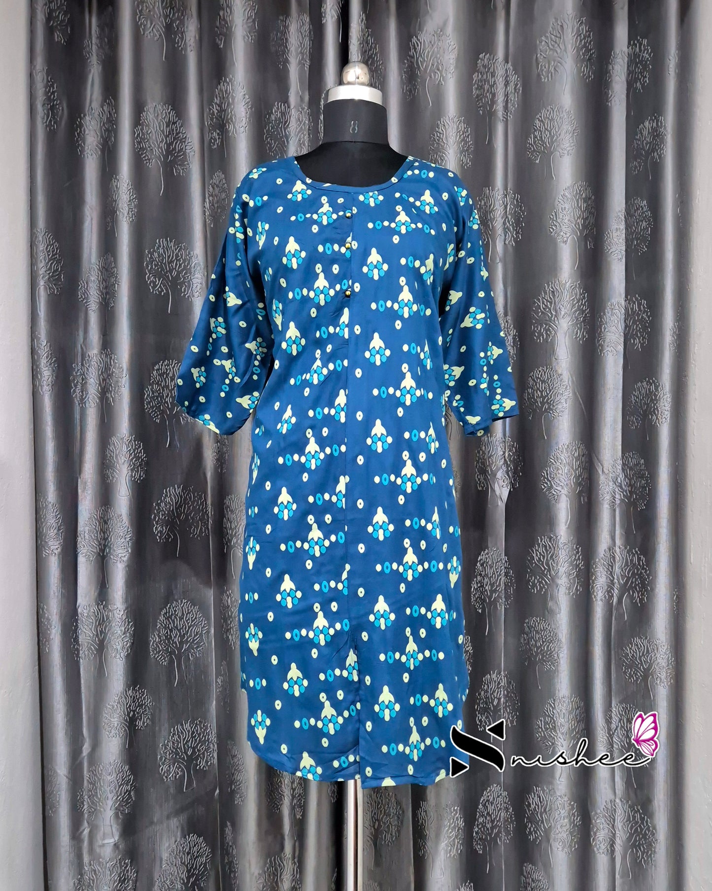 Teal Blue Dotted Motif Printed Kurti